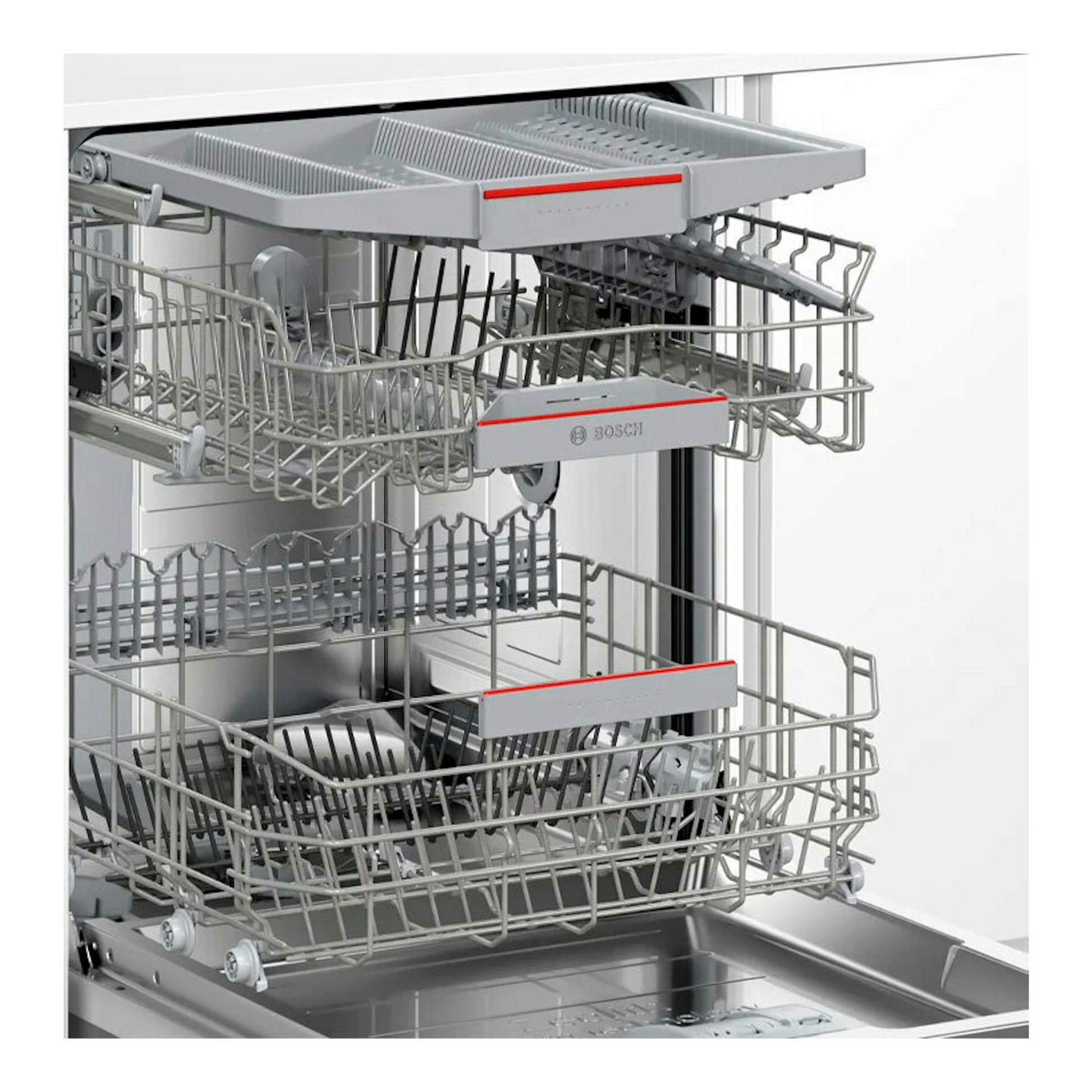 Lavavajillas integrable Bosch SBV6ZCX10E, vista frontal con puerta abierta y cestas interiores de acero inoxidable.