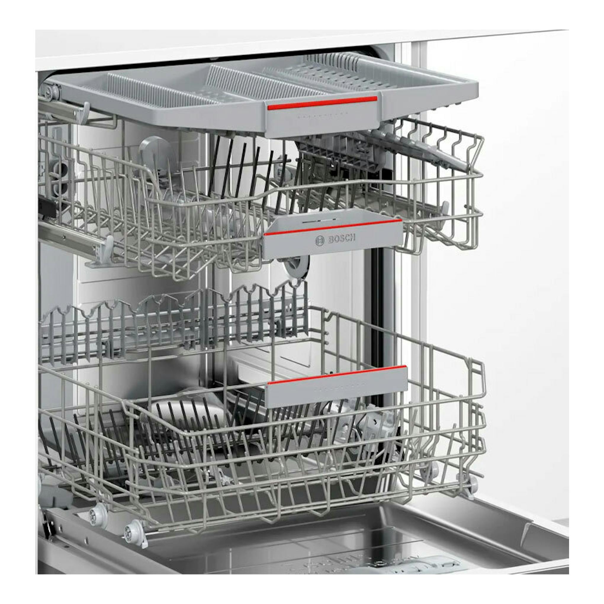 Lavavajillas integrable Bosch SBV6ZCX10E, vista frontal con puerta abierta y cestas interiores de acero inoxidable.