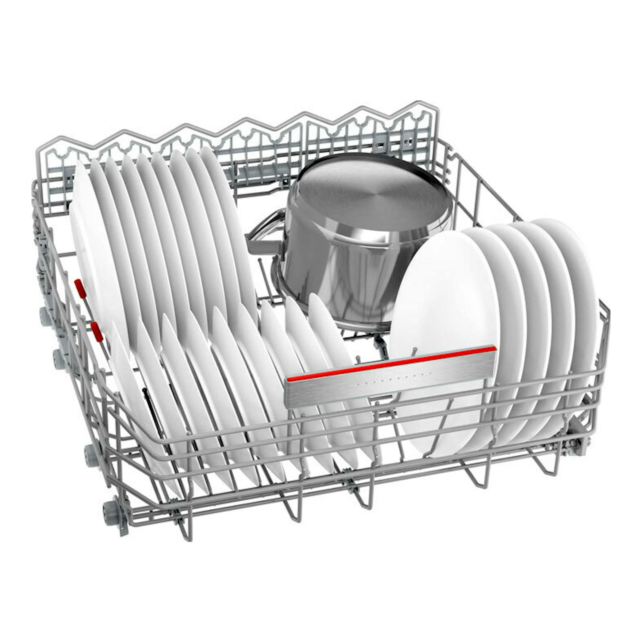Bosch SMD8TCX04E: cesta interior de lavavajillas con platos y una olla, vista en perspectiva sobre fondo blanco.
