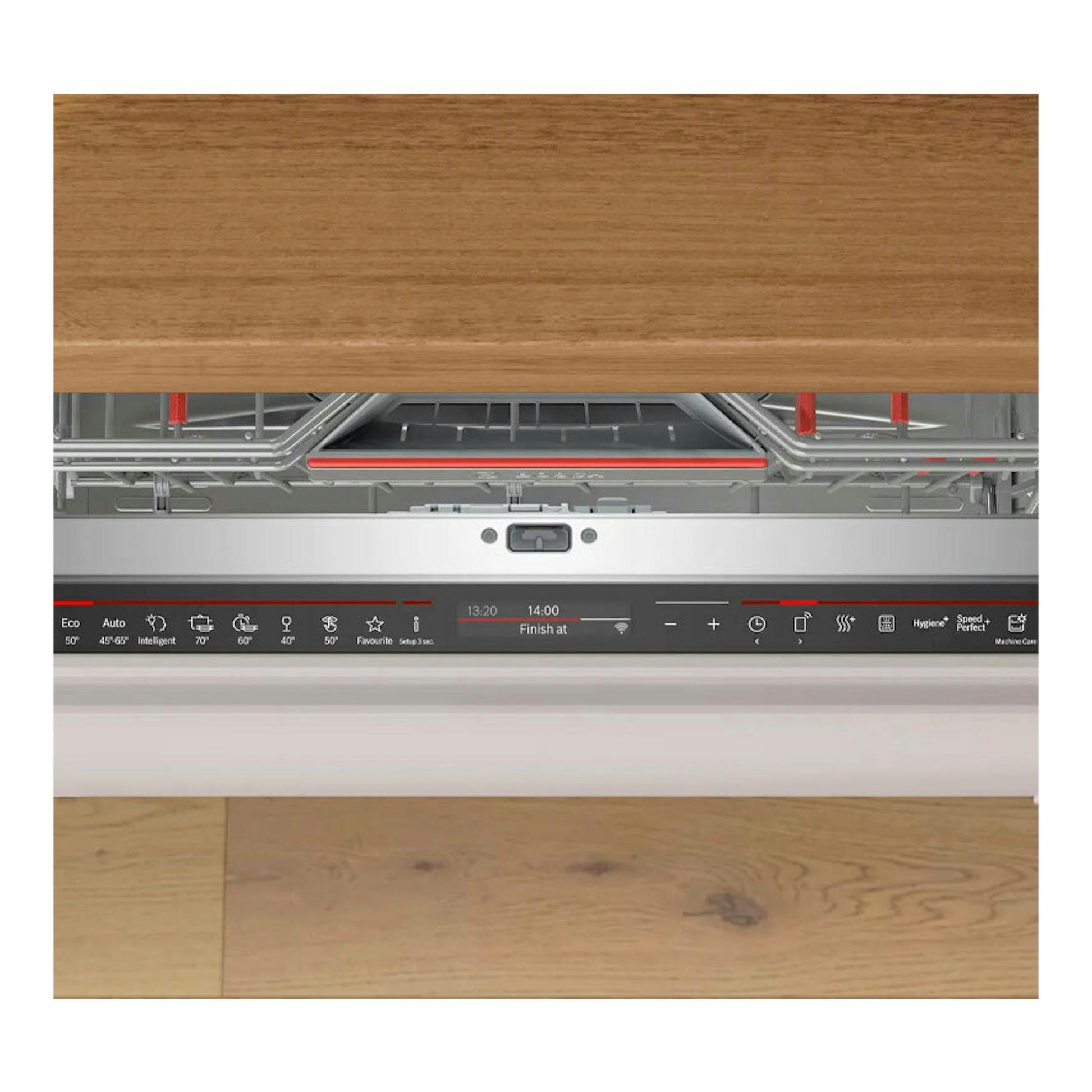 Lavavajillas integrable Bosch SMD8TCX04E con puerta abierta y panel de control negro, vista frontal.