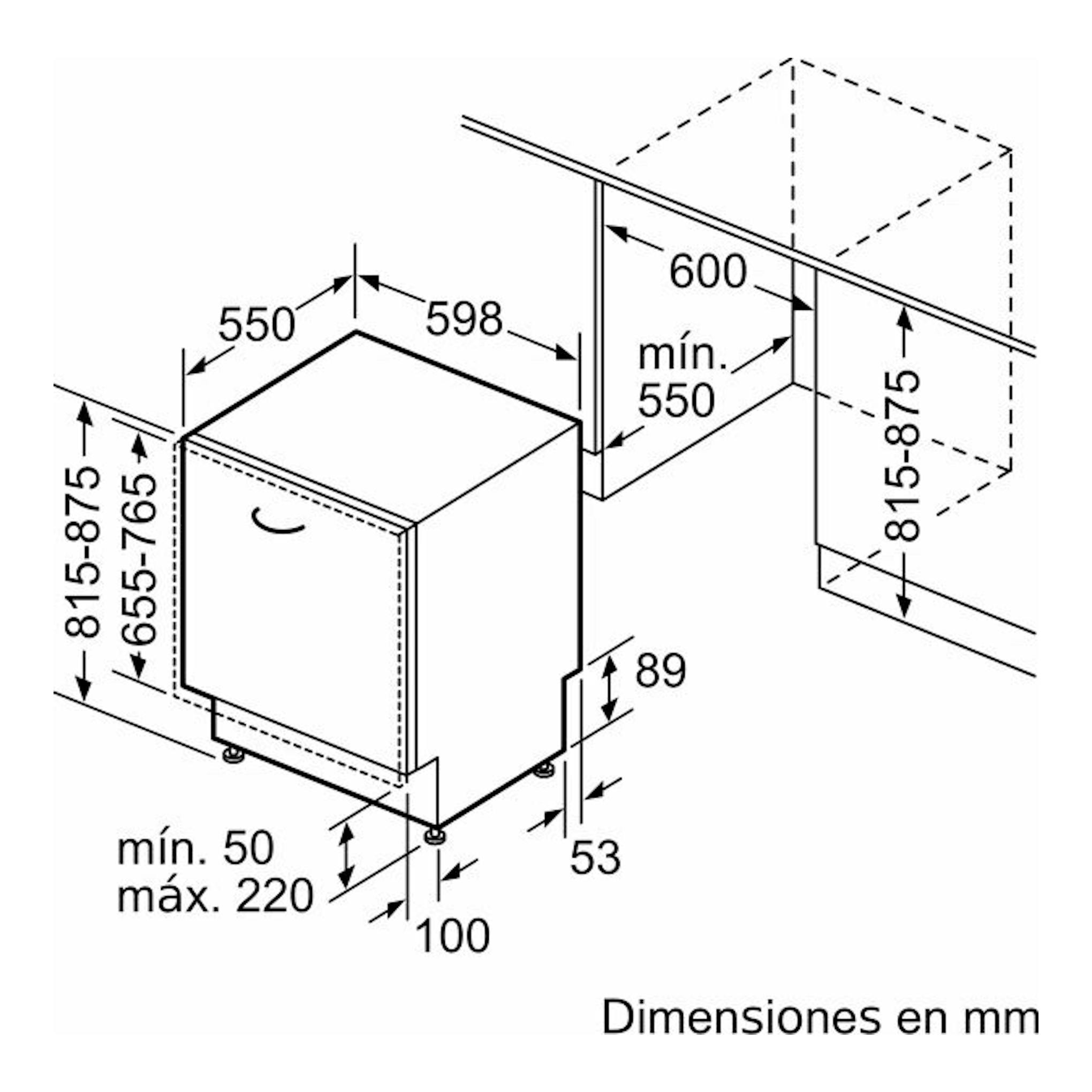 Bosch SMH4ECX28E: esquema técnico en blanco y negro de lavavajillas integrable con medidas de instalación.