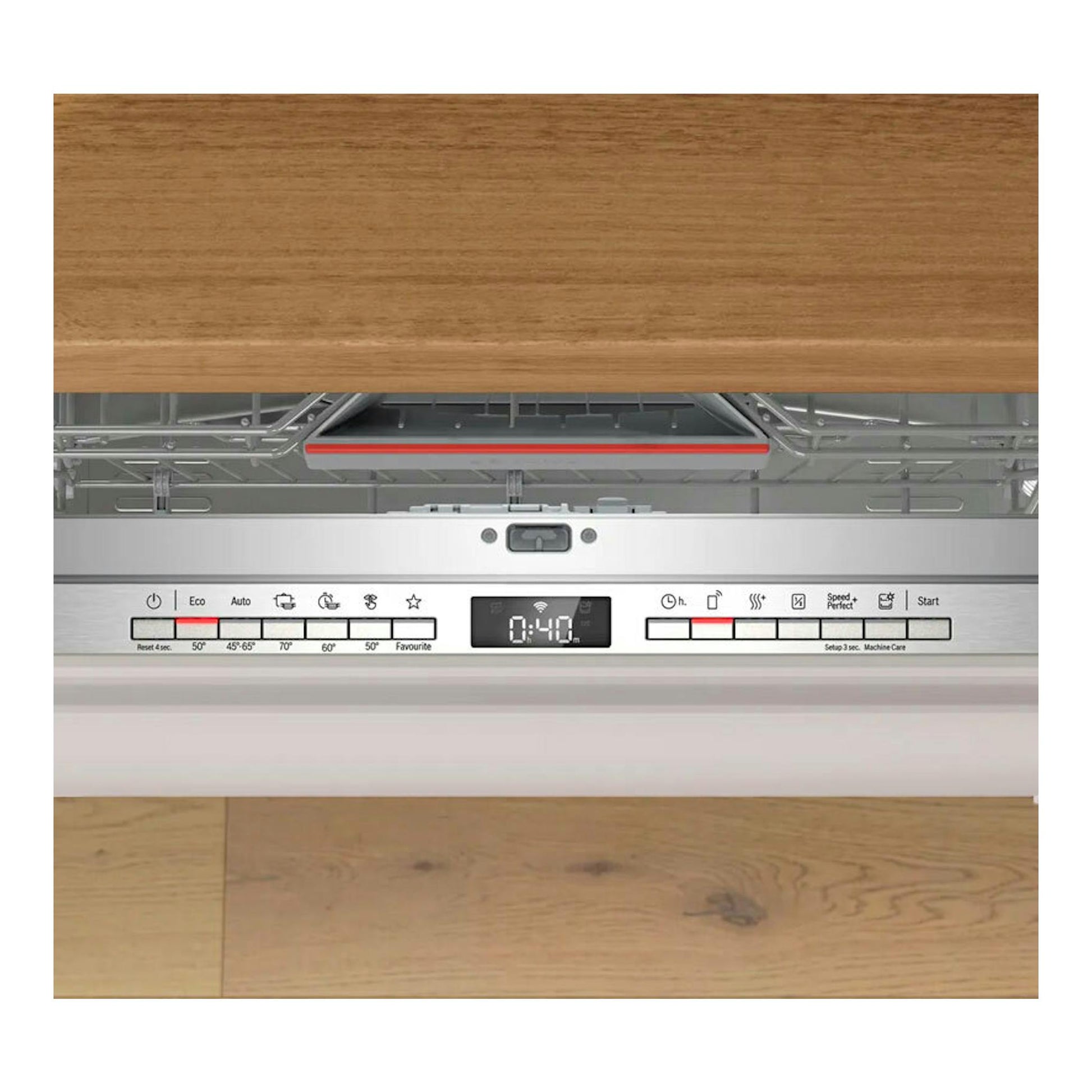 Lavavajillas integrable Bosch SMH4ECX28E, panel frontal blanco y control digital bajo frente de madera.