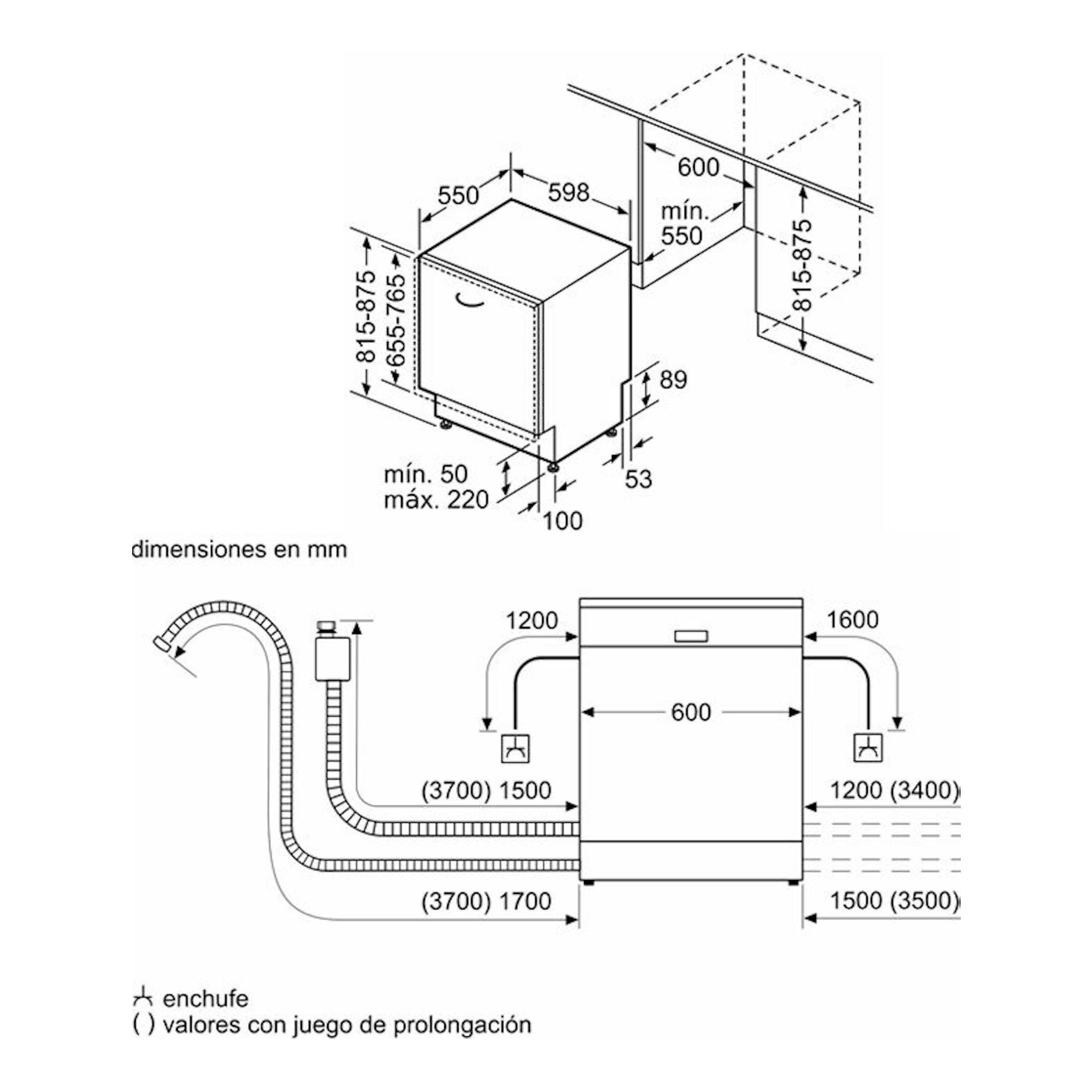 Bosch SMH4HVX03E, diagrama técnico en blanco y negro de lavavajillas integrable, vista frontal con medidas.