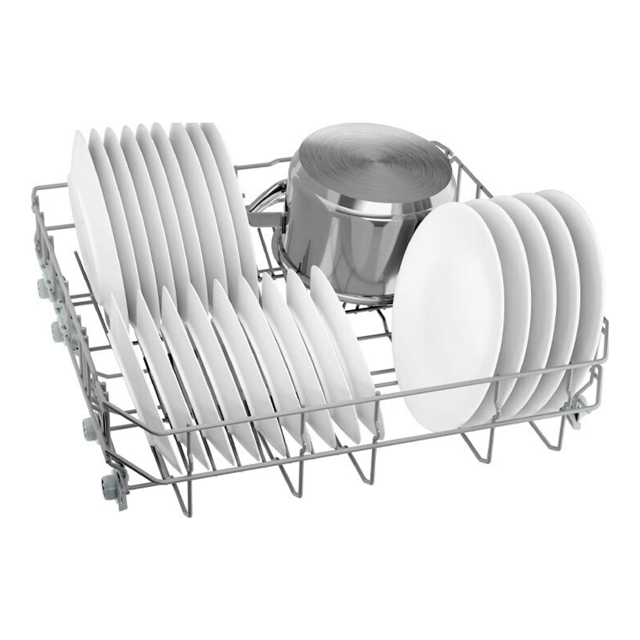 Bosch SMH4HVX03E: cesta de lavavajillas en perspectiva con platos blancos y una olla de acero.