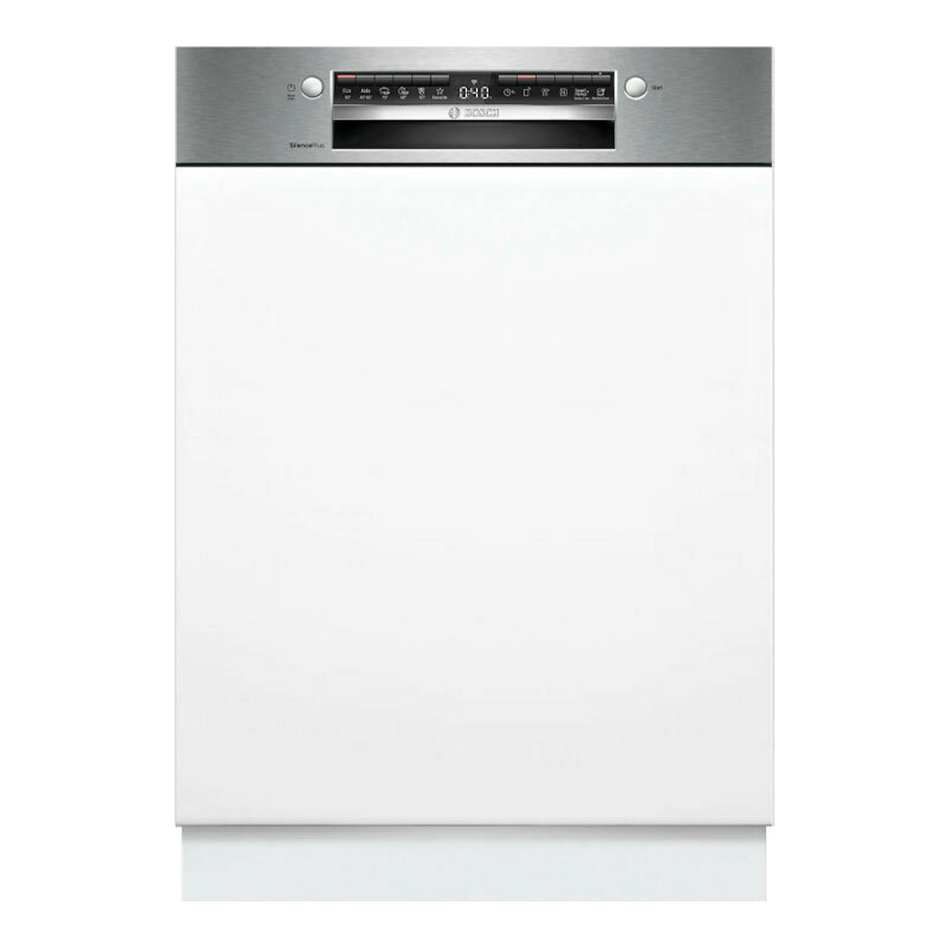 Lavavajillas integrable Bosch SMI4ECS28E, vista frontal, panel superior inoxidable y puerta blanca.