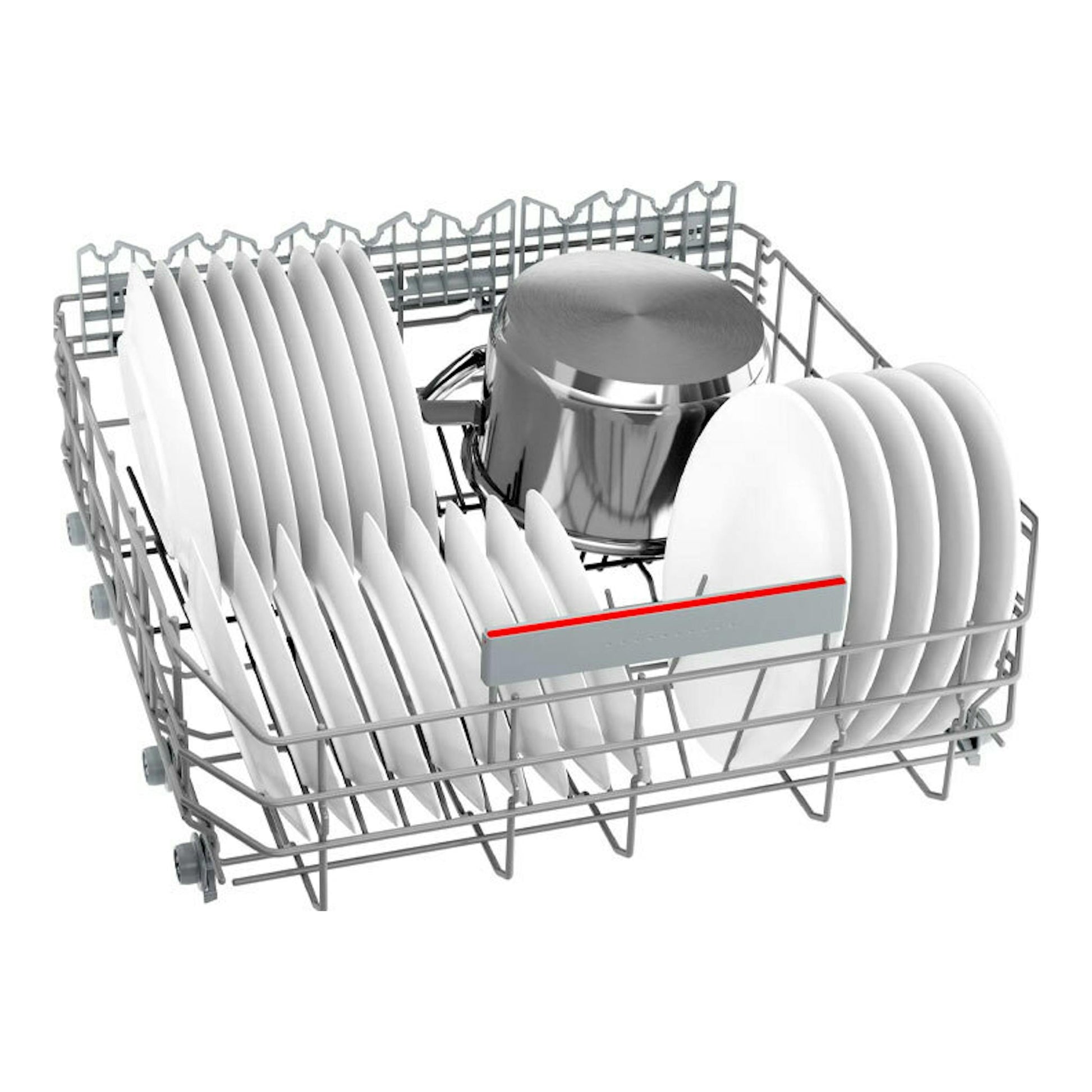 Bosch SMI4ECS28E: cesta inferior de lavavajillas con platos blancos y olla metálica, vista oblicua.