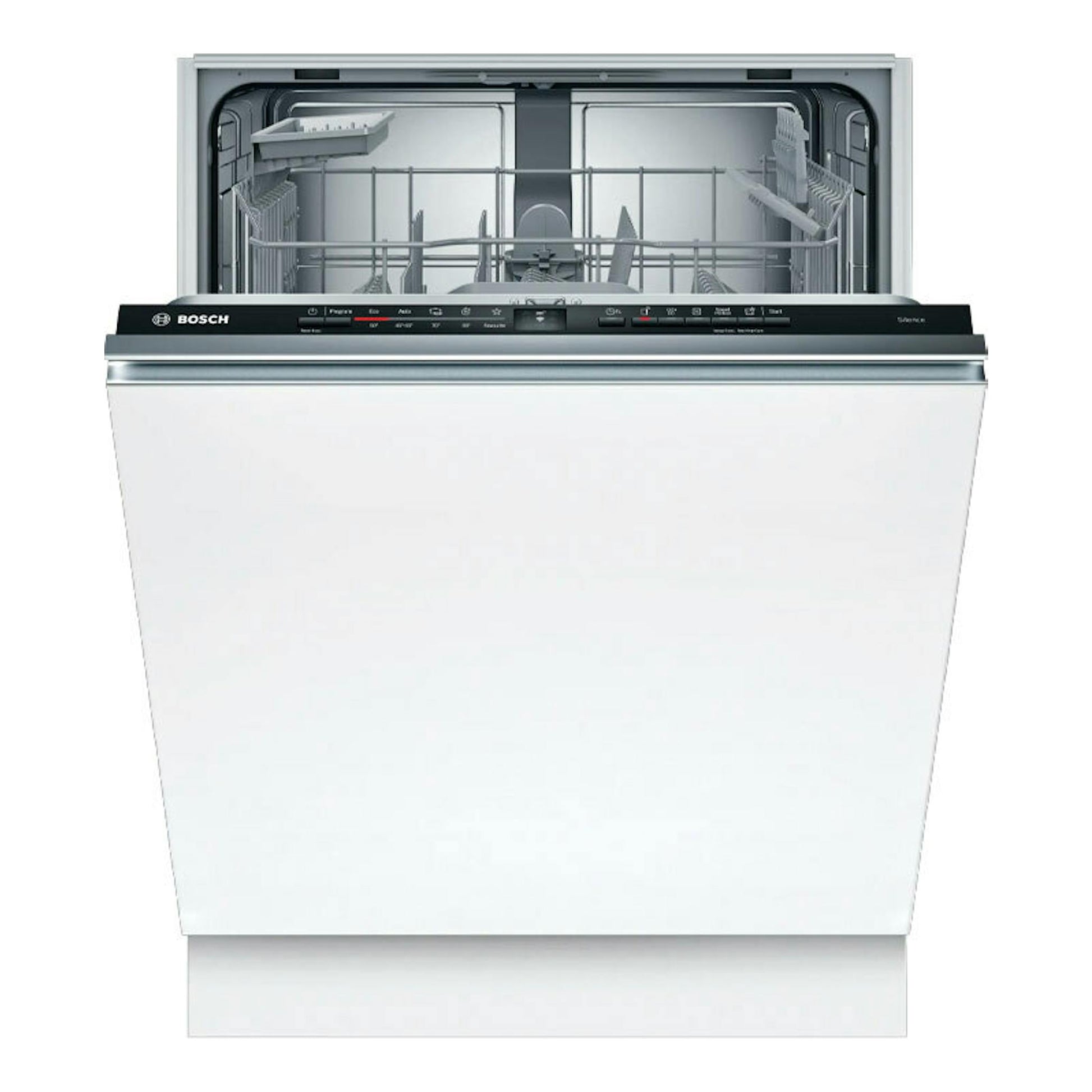 Lavavajillas integrable Bosch SMV2ITX09E, vista frontal, puerta abierta, panel negro e interior gris.