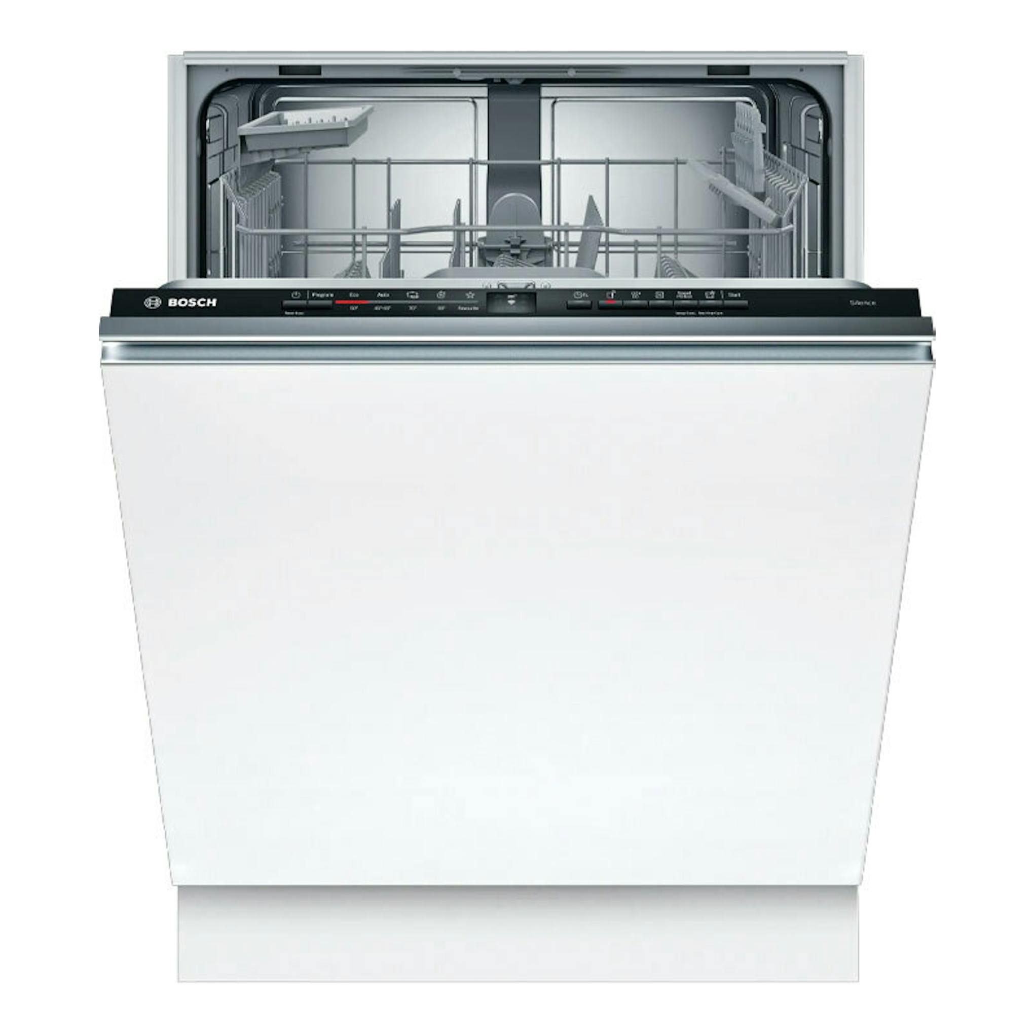 Lavavajillas integrable Bosch SMV2ITX09E, vista frontal, puerta abierta, panel negro e interior gris.
