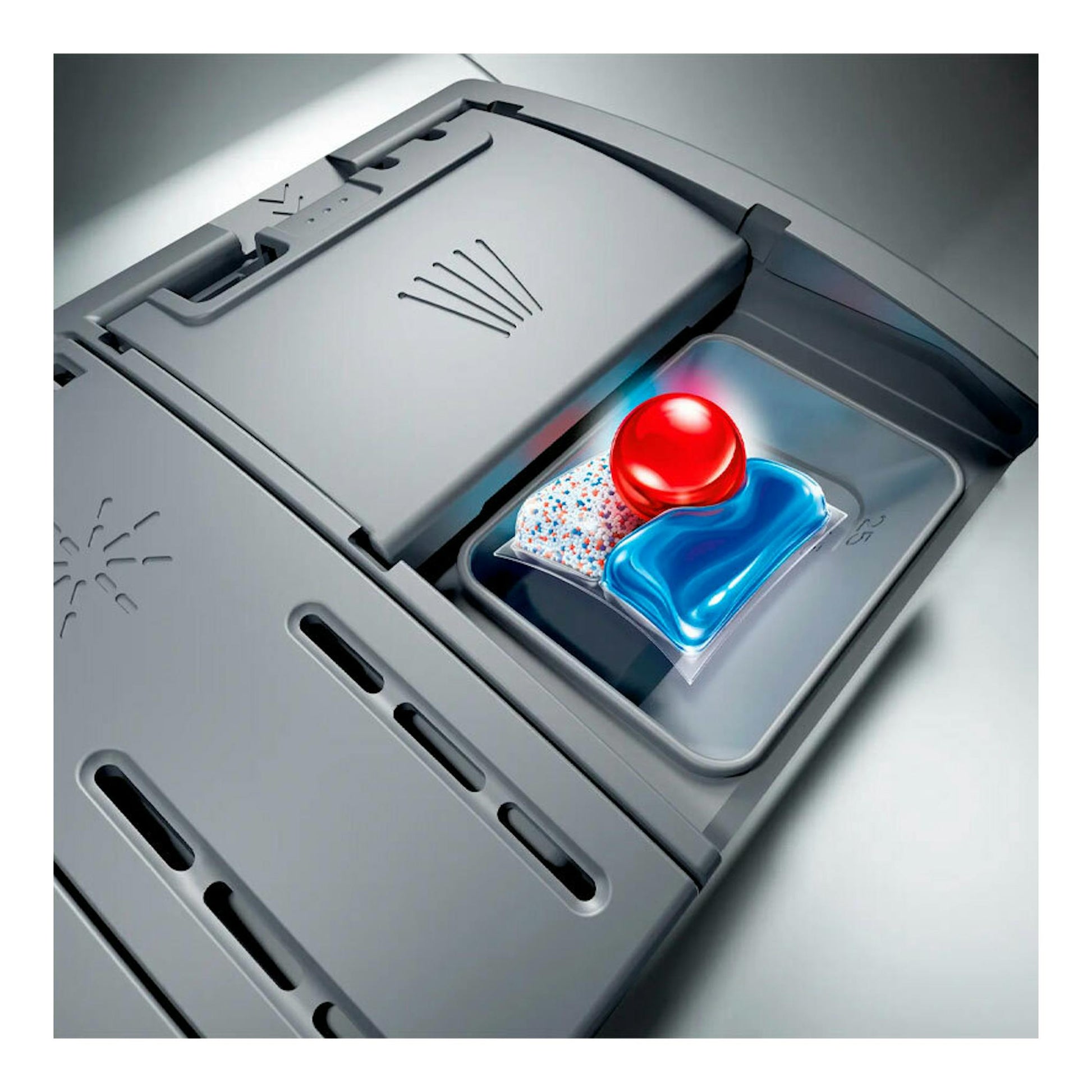 Bosch SMV2ITX09E: lavavajillas integrable gris, vista en ángulo del dispensador con pastilla de detergente.