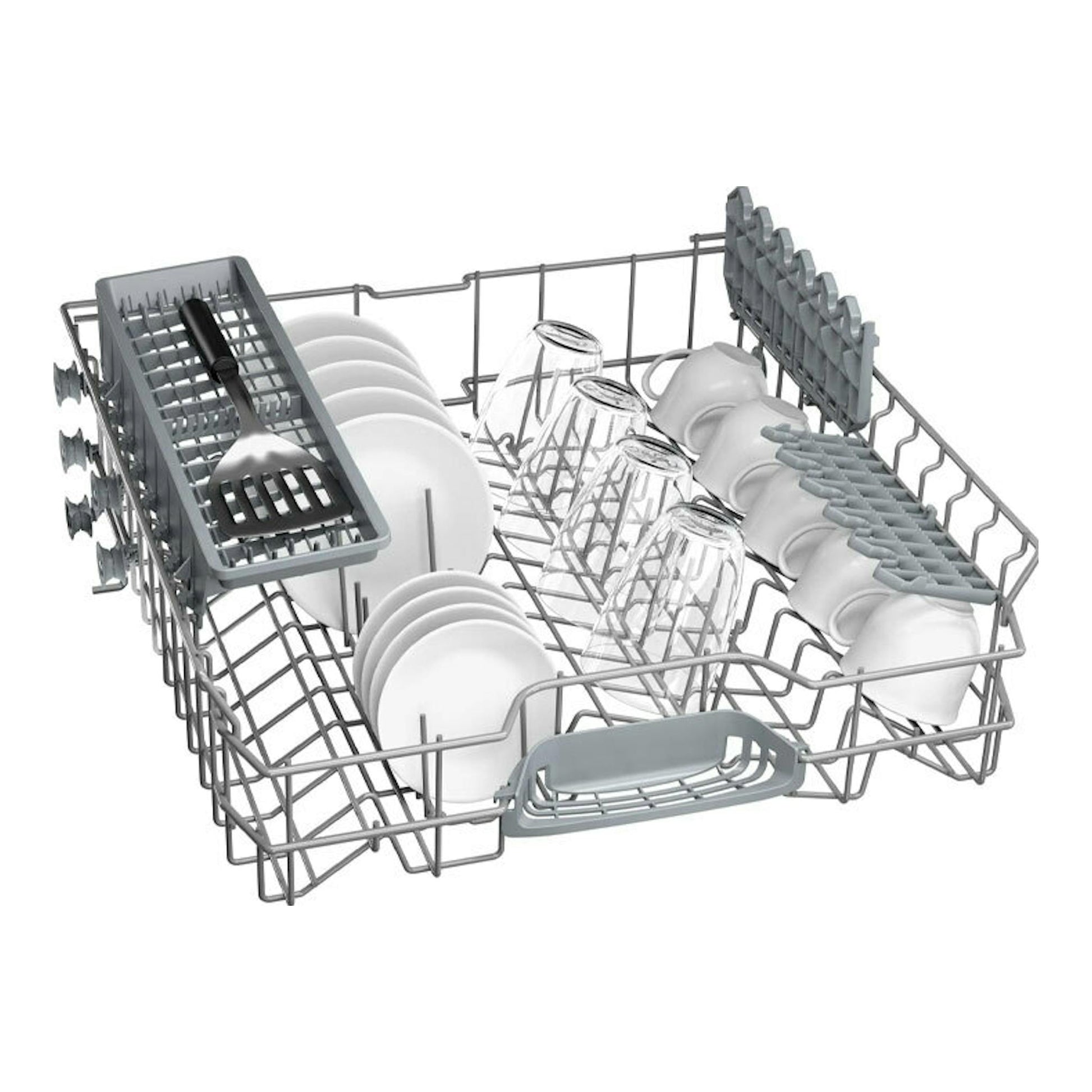 Cesta inferior gris de lavavajillas Bosch SMV2ITX09E con platos, vasos y tazas, vista en ángulo.