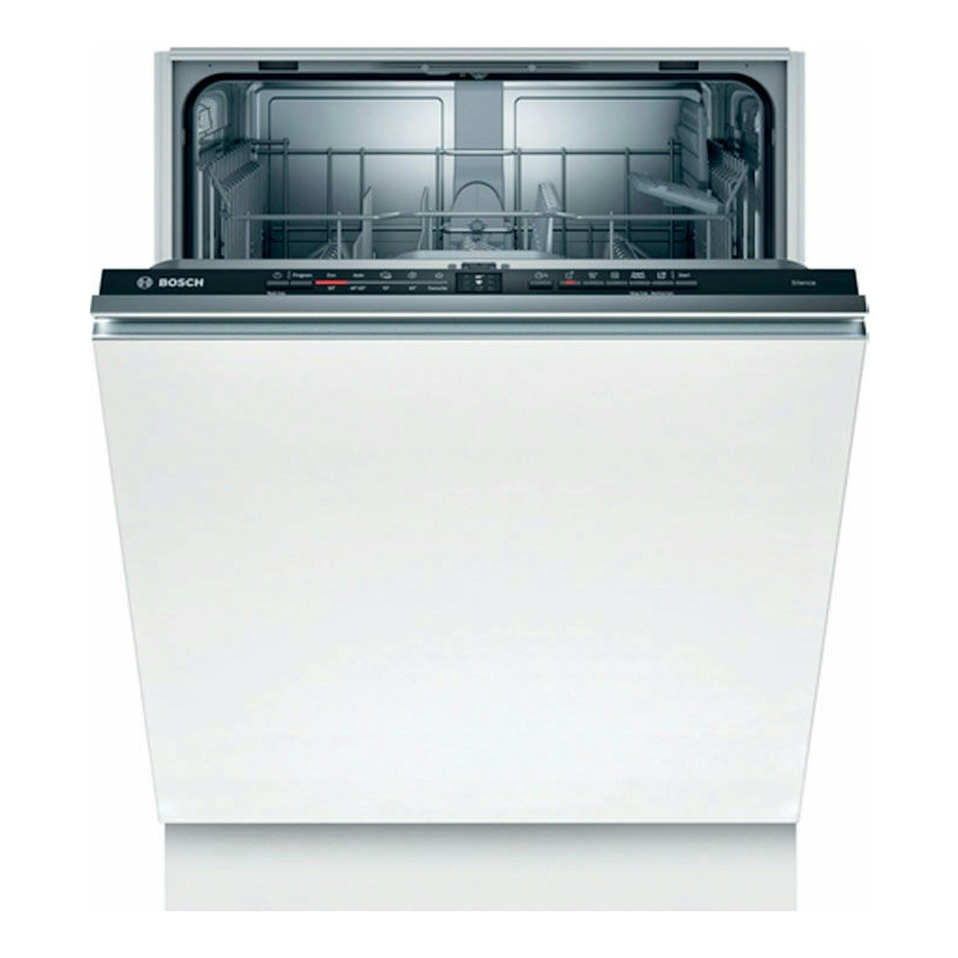 Lavavajillas integrable Bosch SMV2ITX18E blanco, vista frontal con puerta abierta y cesta interior visible.