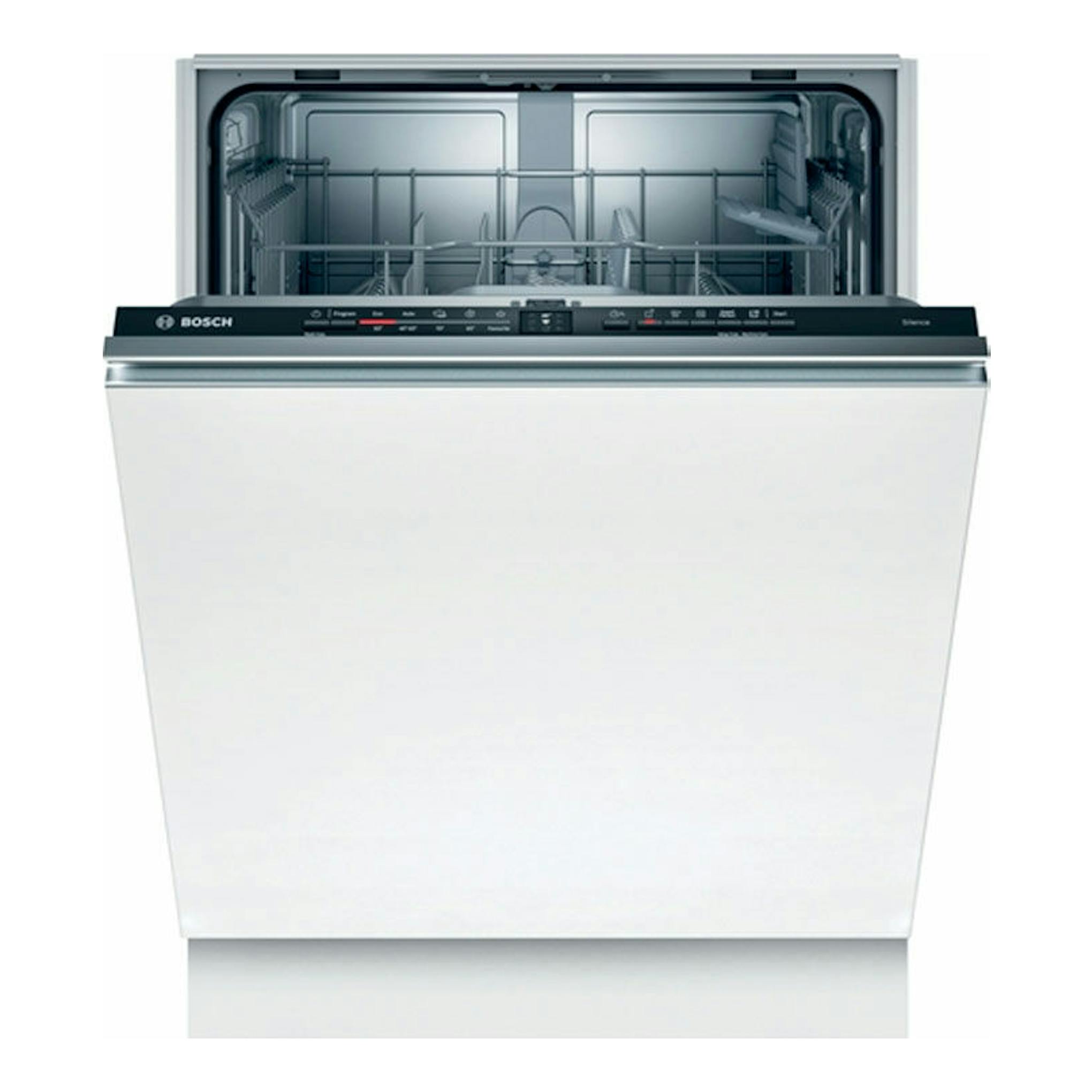 Lavavajillas integrable Bosch SMV2ITX18E blanco, vista frontal con puerta abierta y cesta interior visible.