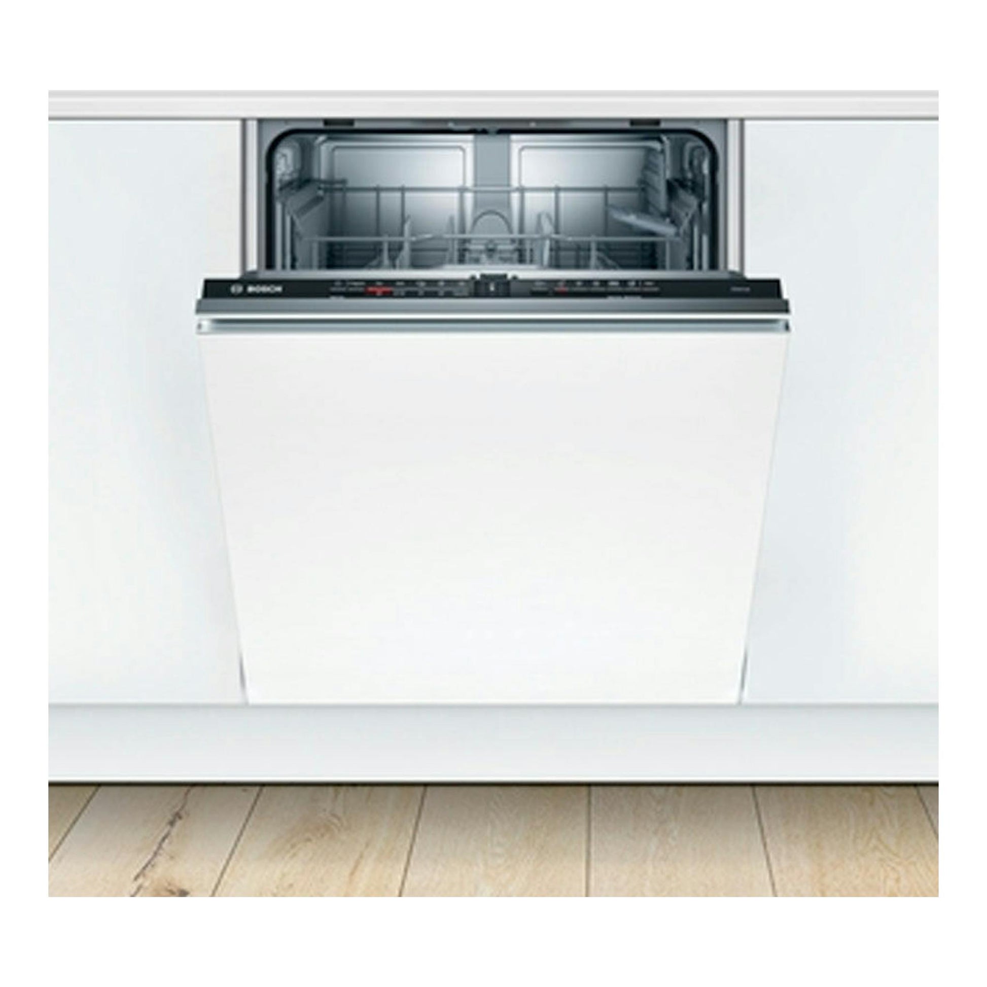 Lavavajillas integrable Bosch SMV2ITX18E blanco, visto de frente con la puerta abatida y la cesta interior visible.