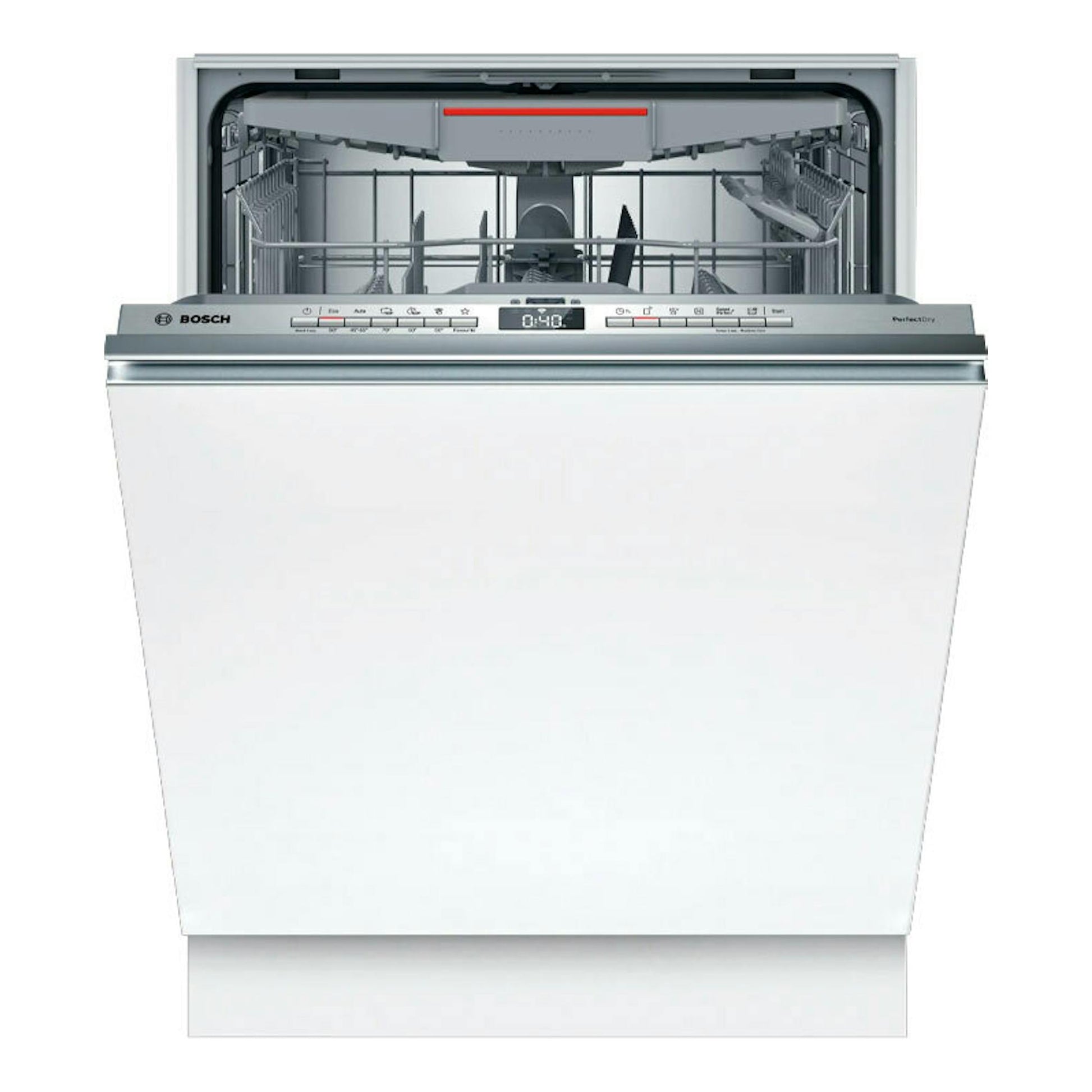 Lavavajillas integrable Bosch SMV4ECX28E, vista frontal, puerta blanca abierta y cestas interiores.