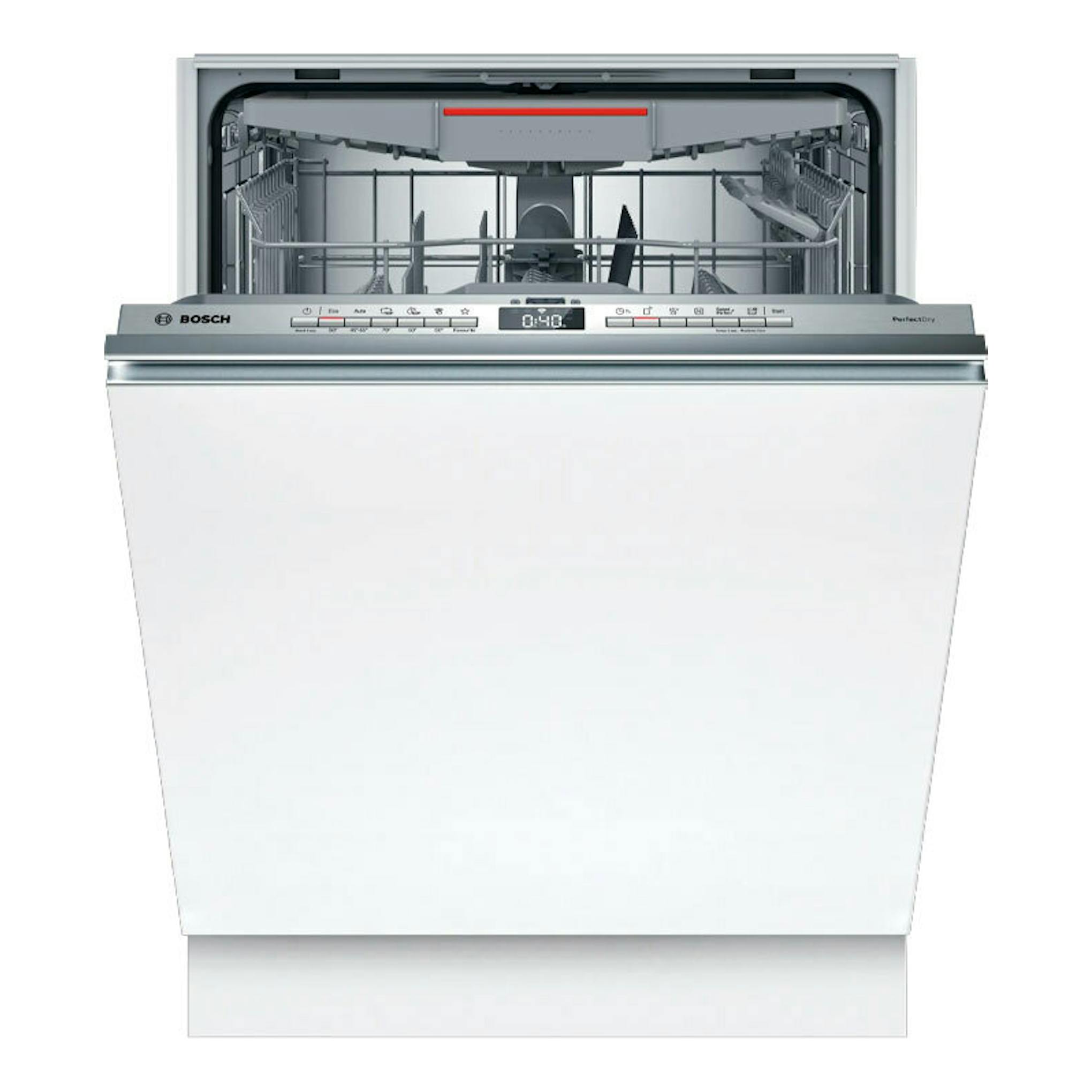 Lavavajillas integrable Bosch SMV4ECX28E, vista frontal, puerta blanca abierta y cestas interiores.