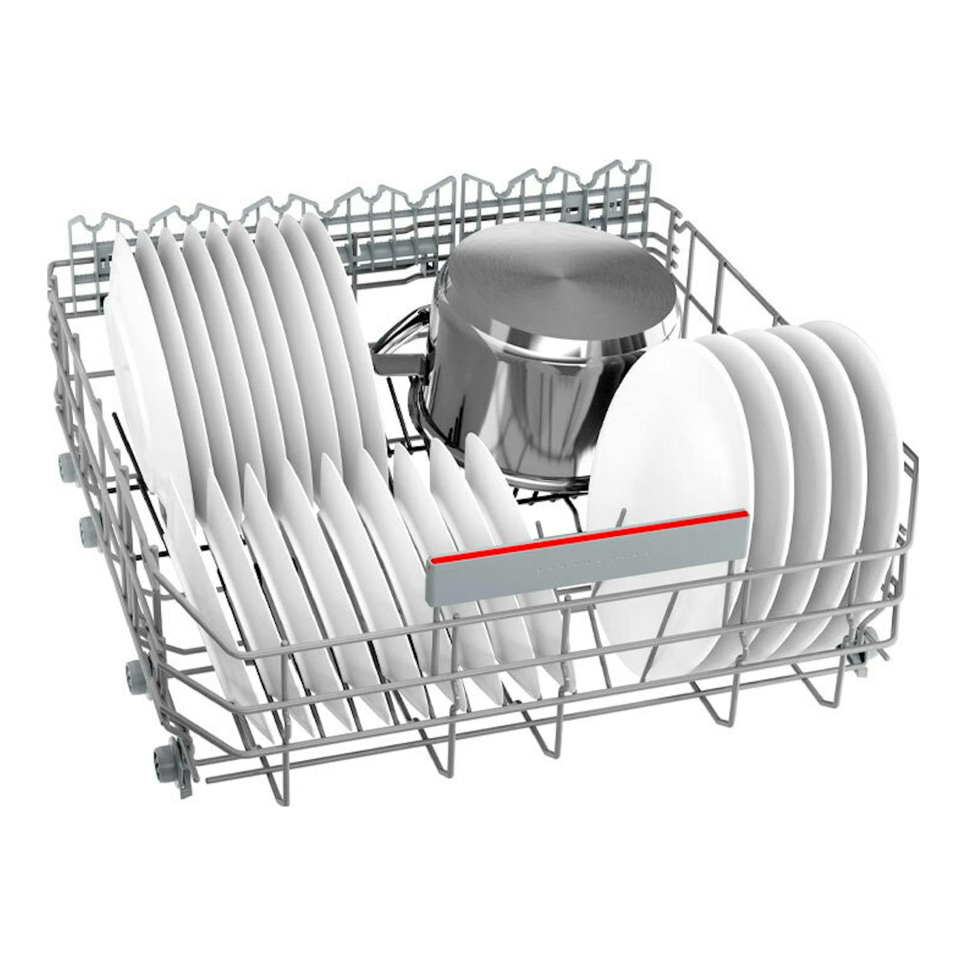 Cesta de lavavajillas Bosch SMV4ECX28E, vista frontal inclinada, gris, con platos y una olla.