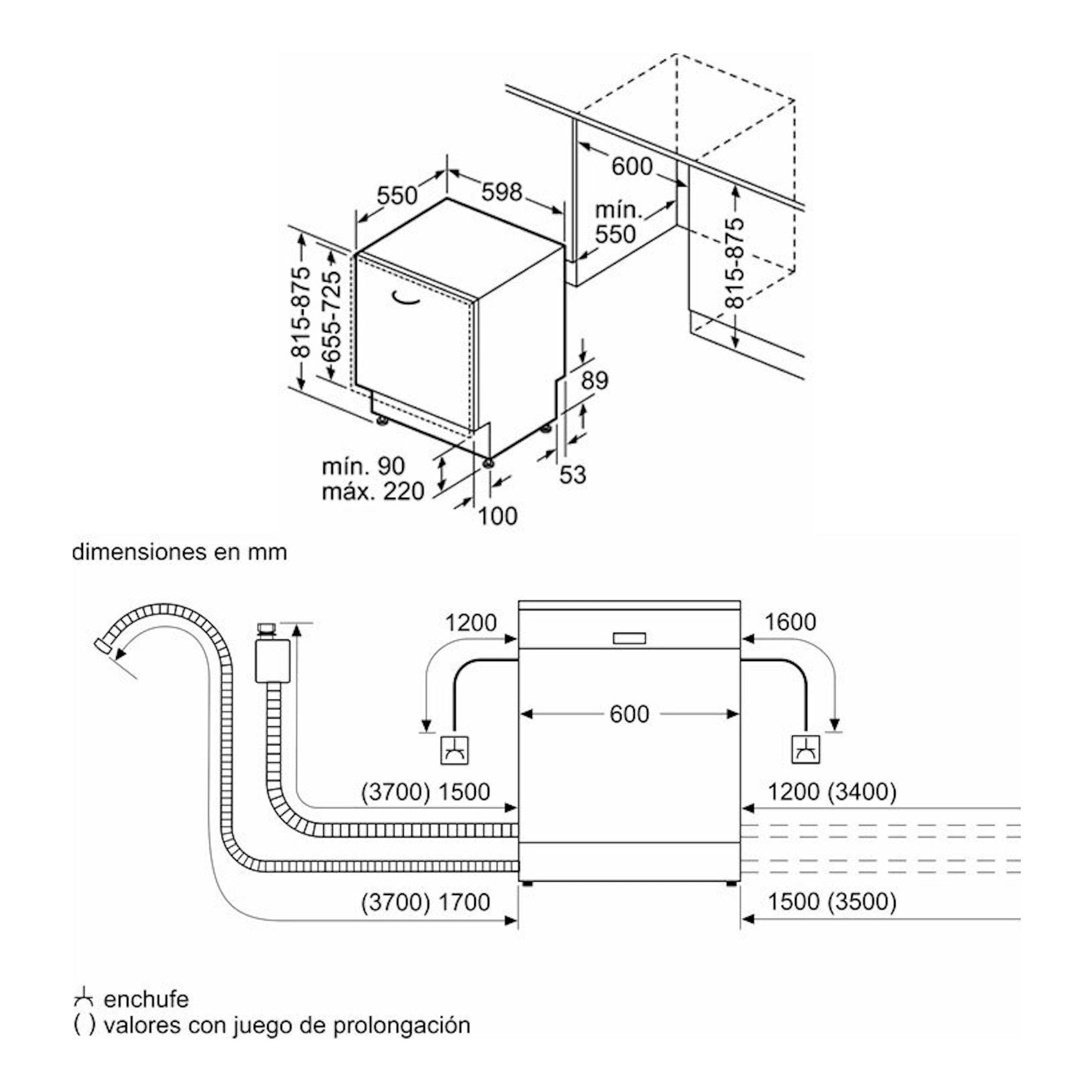 Diagrama técnico del lavavajillas integrable Bosch SMV4ECX28E de 60 cm, vista frontal y lateral, con medidas.