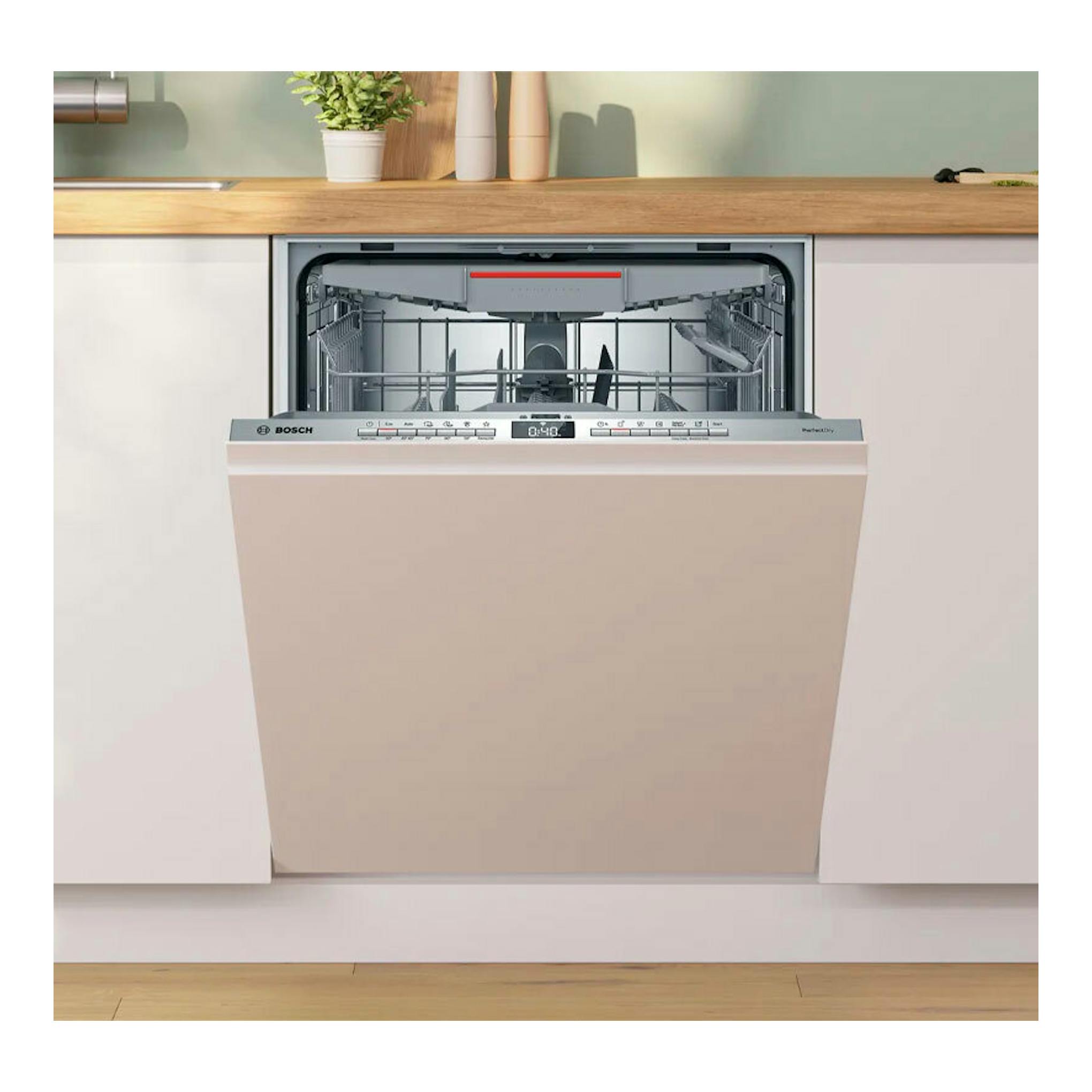 Lavavajillas integrable Bosch SMV4ECX28E de 60 cm, vista frontal, con la puerta abierta y el interior visible.