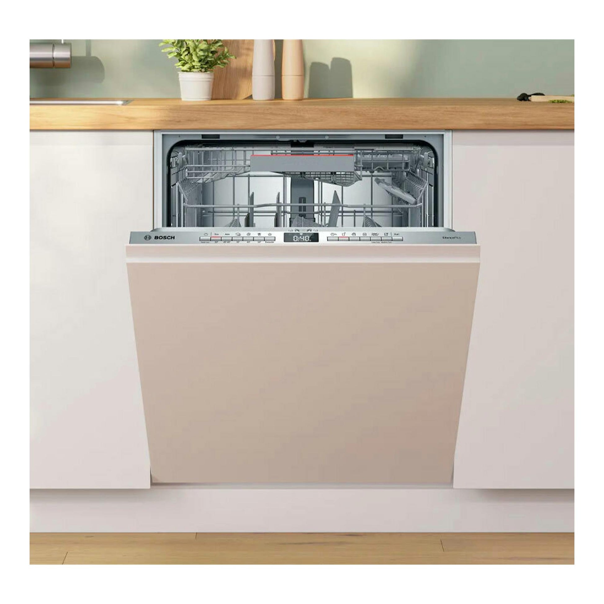 Lavavajillas integrable Bosch, frontal beige, con puerta abierta y cesta interior visible.