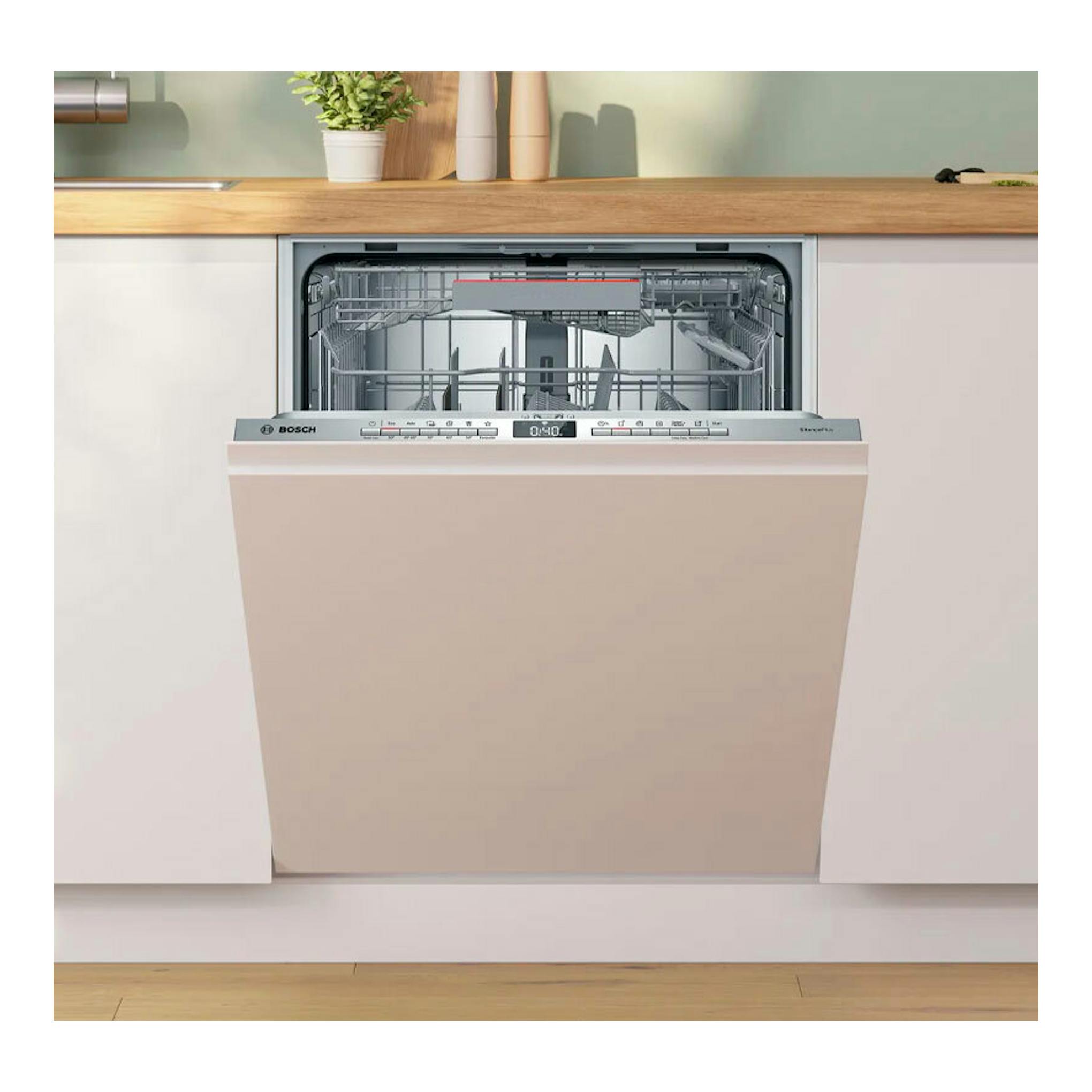 Lavavajillas integrable Bosch, frontal beige, con puerta abierta y cesta interior visible.