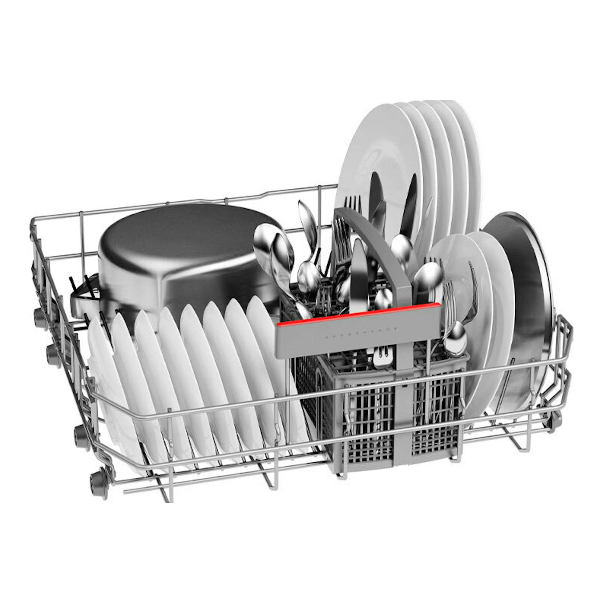 Bosch SMV4ENX06E: cesta de lavavajillas con platos, vasos y utensilios en vista frontal oblicua.