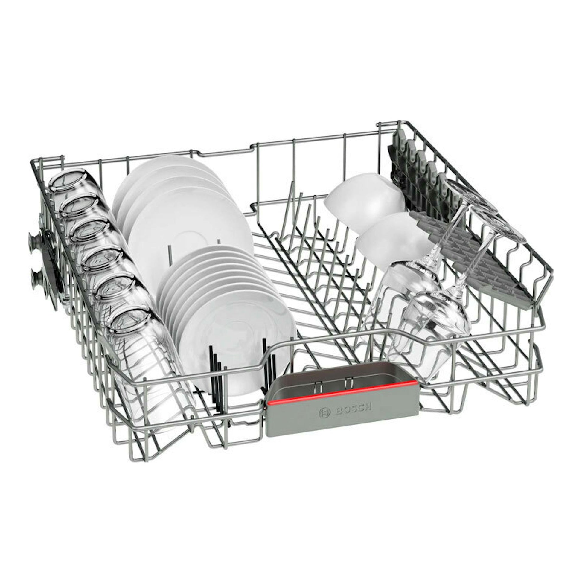 Cesta inferior de lavavajillas Bosch SMV4ENX06E, vista en perspectiva, con platos, vasos y copas.