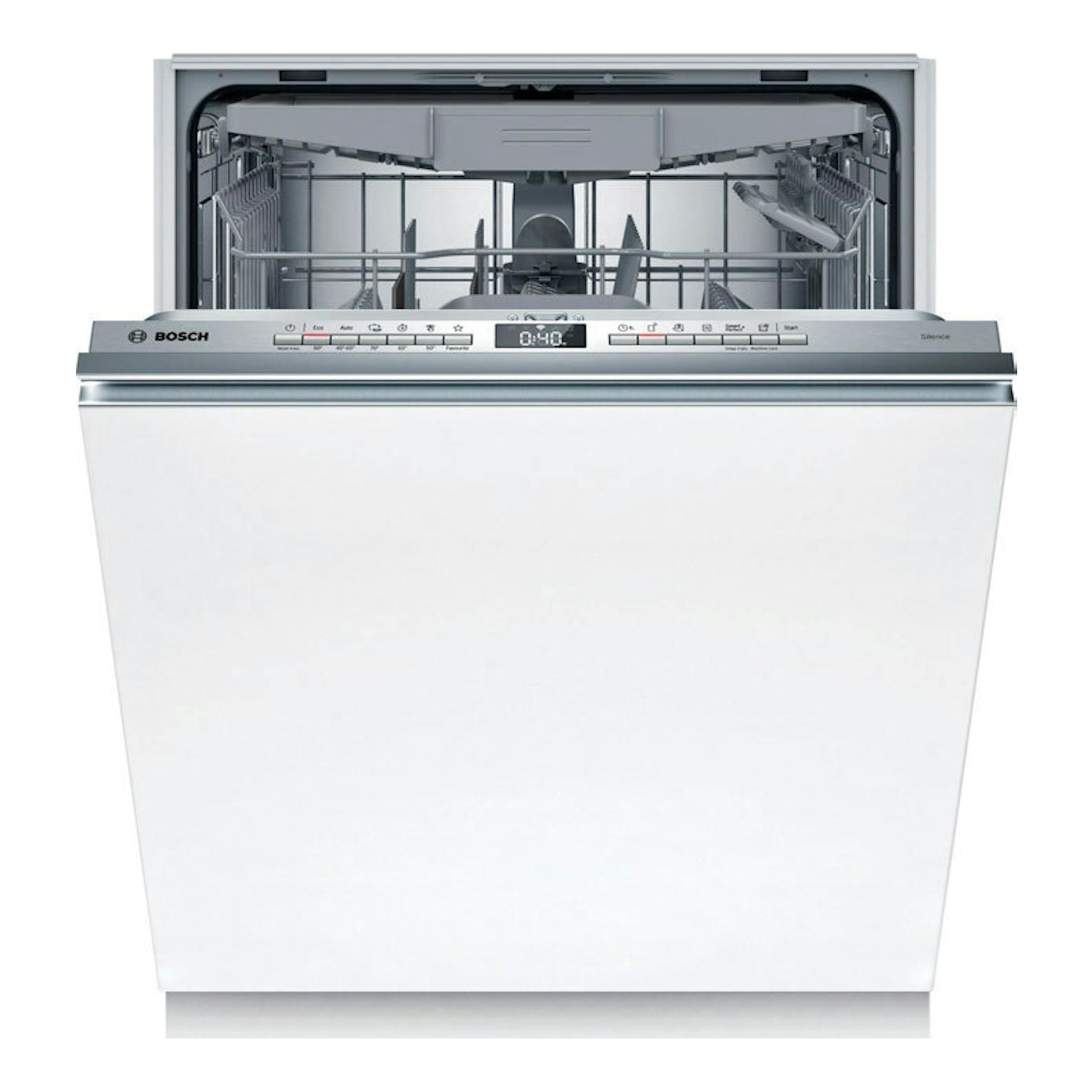 Lavavajillas integrable Bosch SMV4EVX04E, vista frontal, blanco, con la puerta abierta y el interior visible.