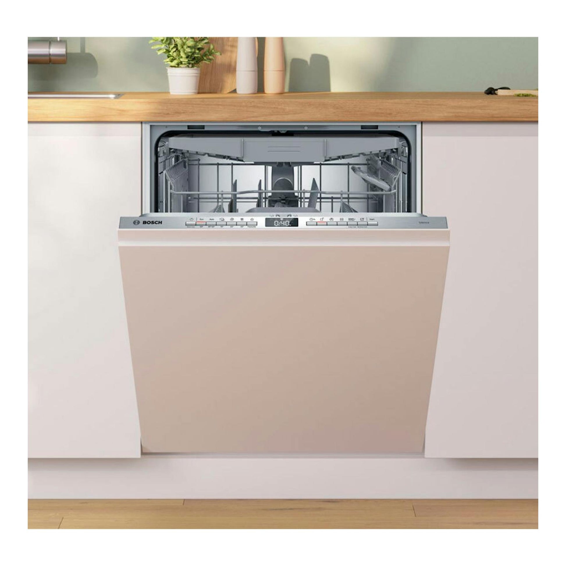 Lavavajillas integrable Bosch SMV4EVX04E, puerta abierta, panel beige e interior visible, vista frontal.