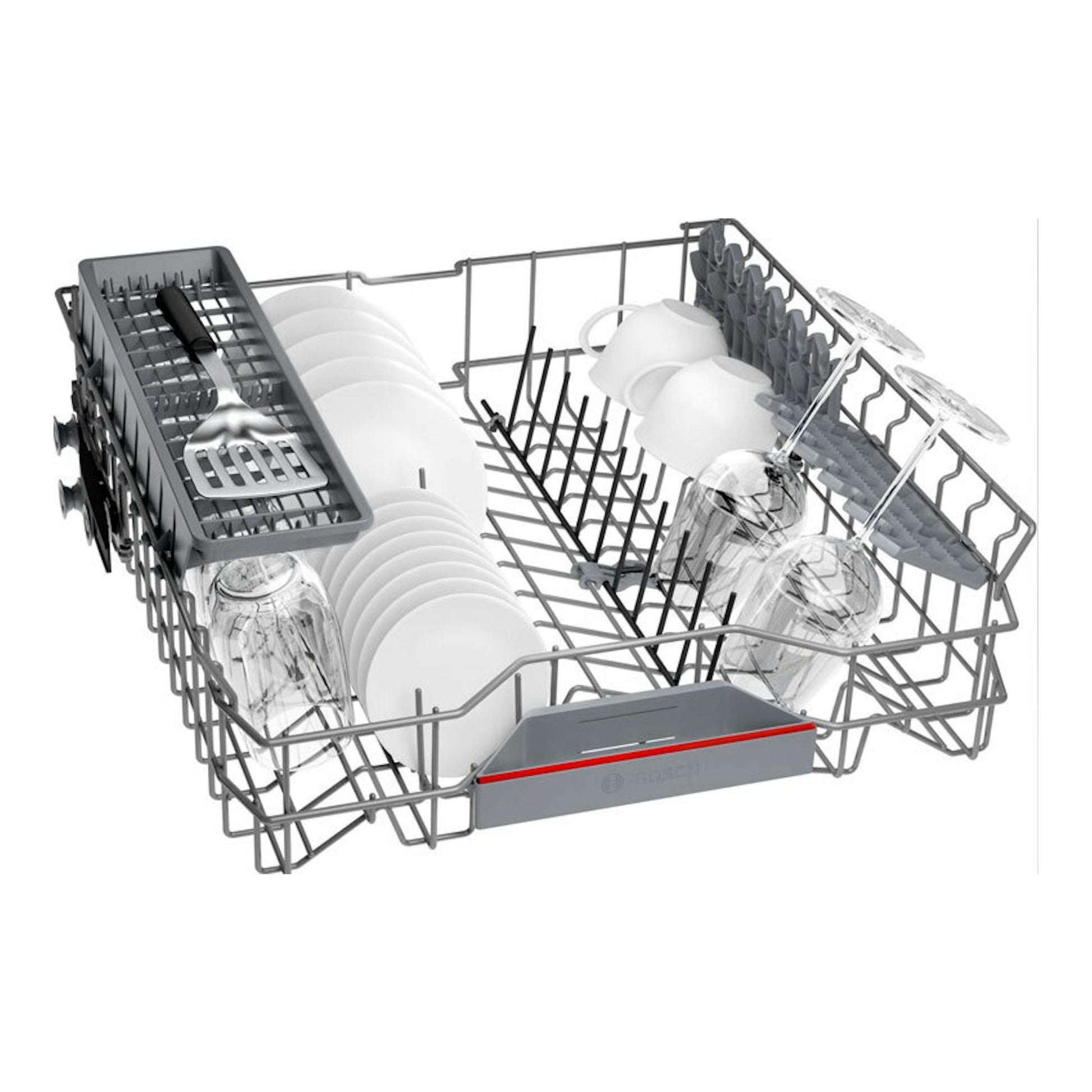 Bosch SMV4HAX07E: cesta de lavavajillas integrable en vista 3/4, gris, con platos, vasos y cubiertos.
