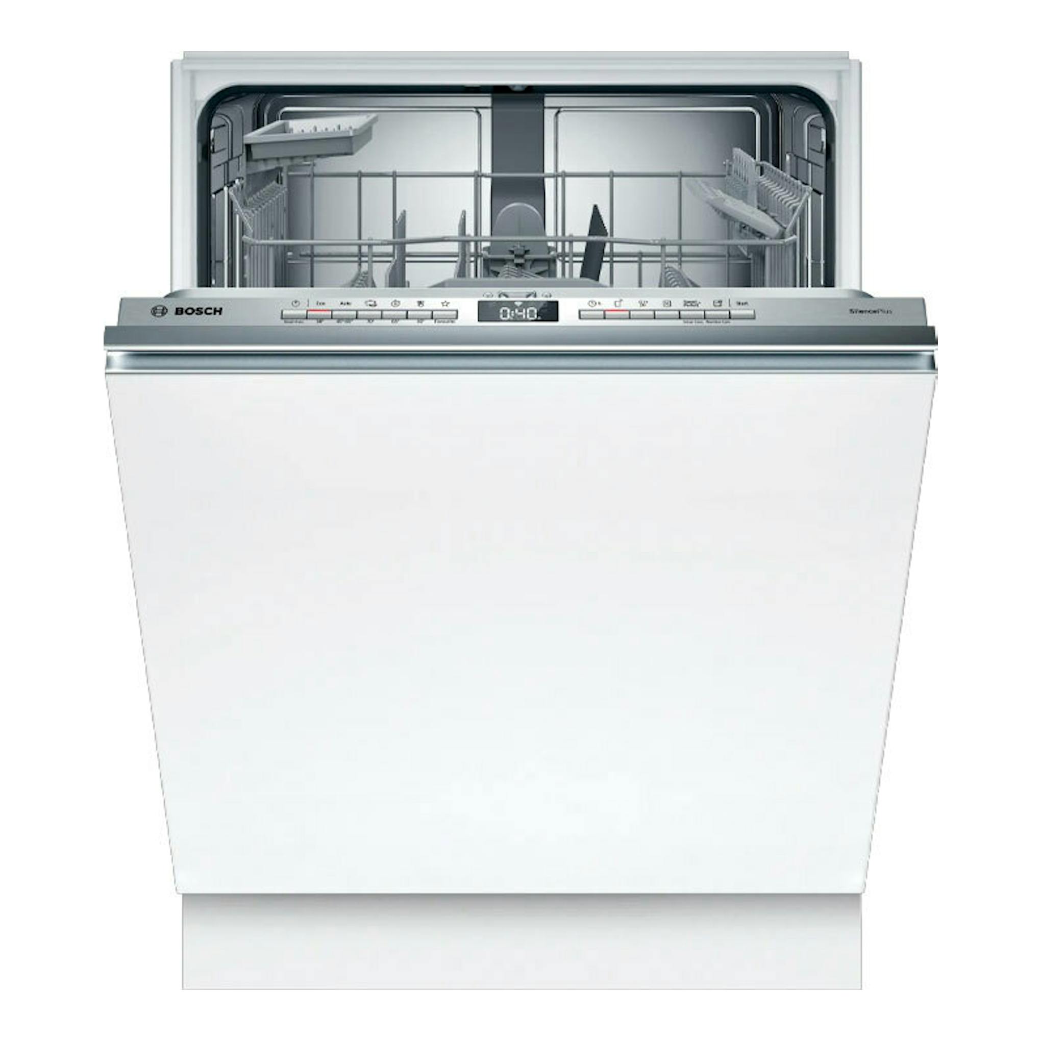 Lavavajillas integrable Bosch SMV4HAX19E blanco, vista frontal, con puerta abierta y bandejas visibles.