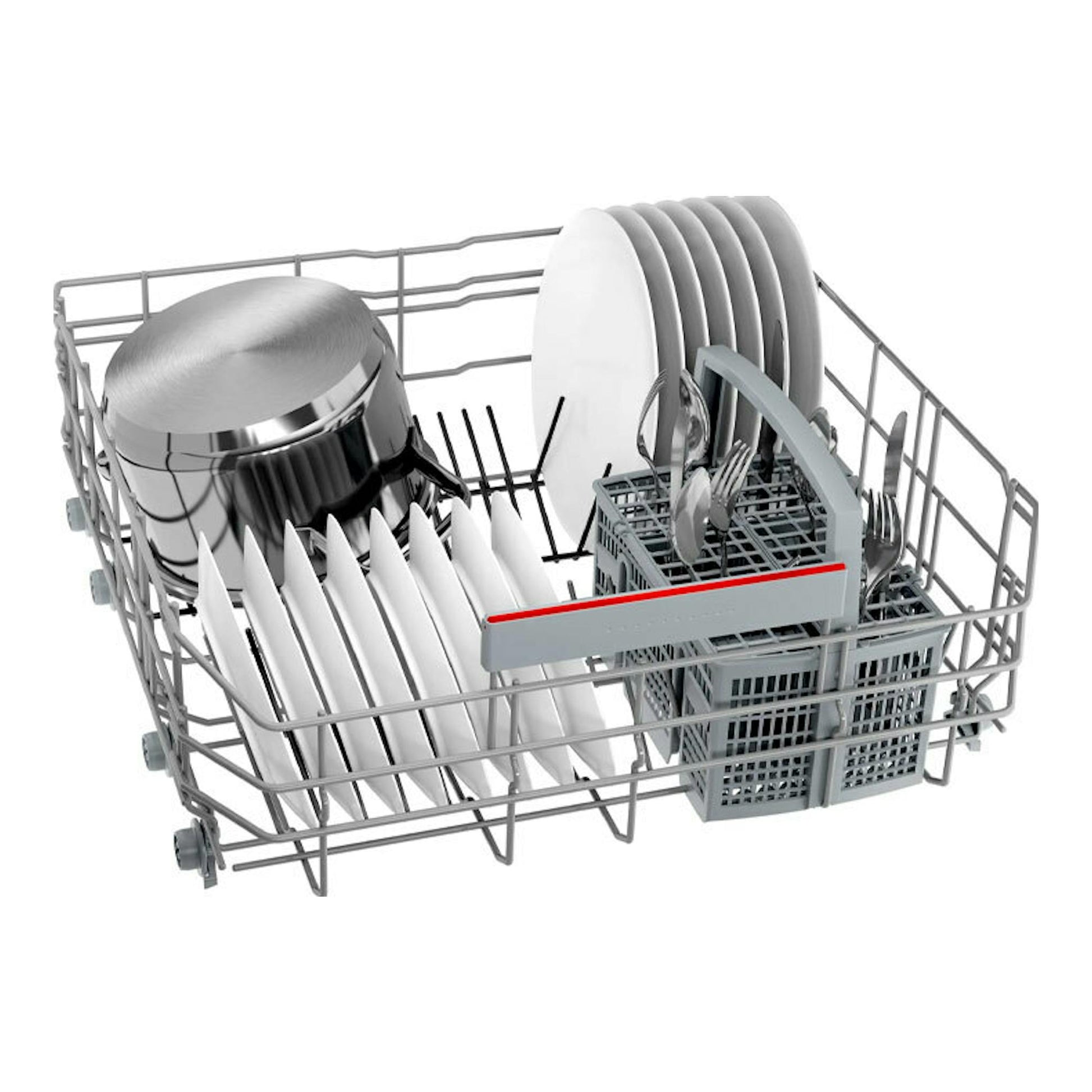 Bosch SMV4HAX19E: cesta de lavavajillas con platos, olla y cubiertos, vista en perspectiva.
