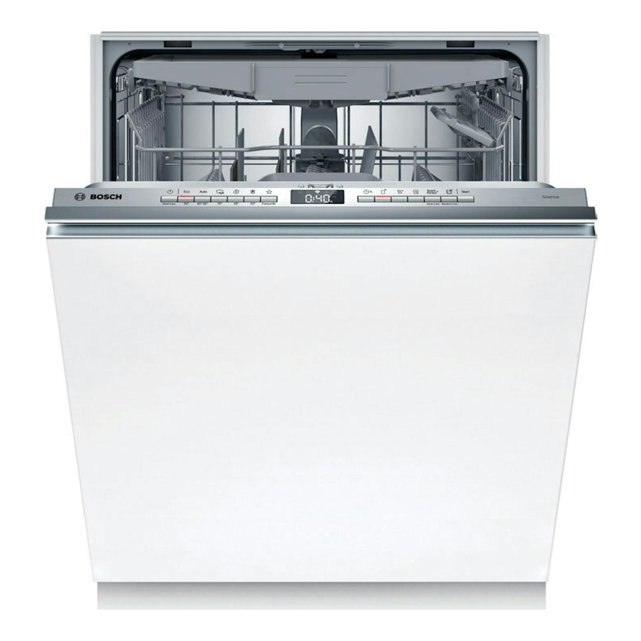 Lavavajillas integrable Bosch SMV4HVX14E blanco, vista frontal con la puerta abierta y cestas visibles.