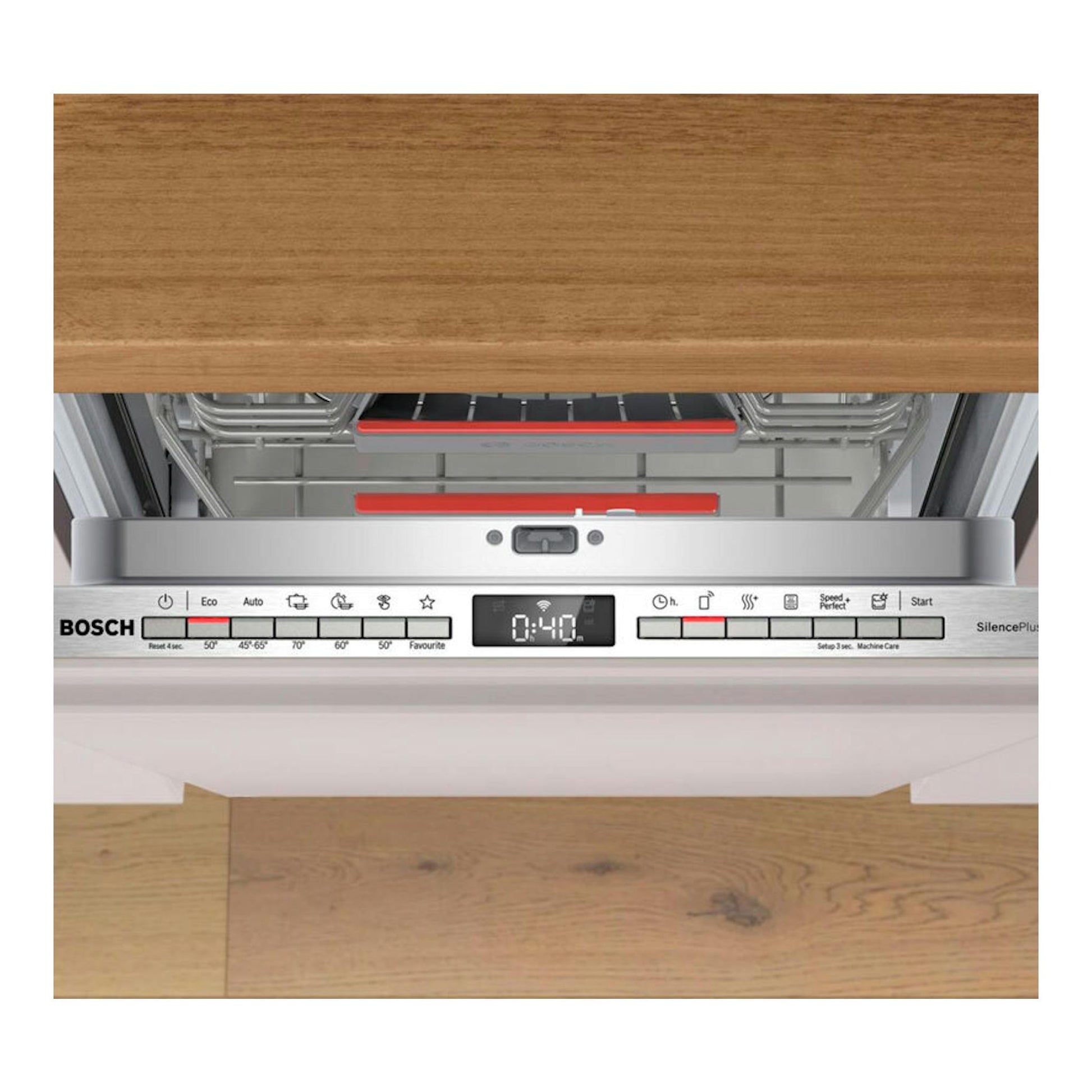 Lavavajillas integrable Bosch SPH4EKX17E, vista frontal con panel de control y puerta abierta.