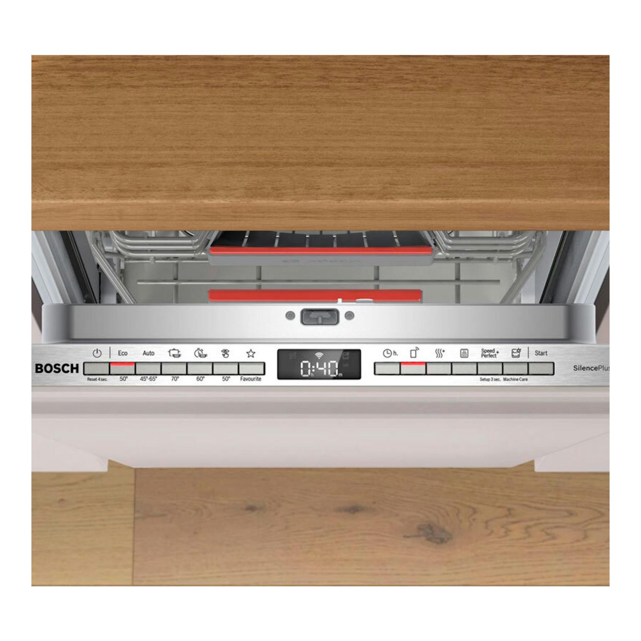 Lavavajillas integrable Bosch SPH4EKX17E, vista frontal con panel de control y puerta abierta.