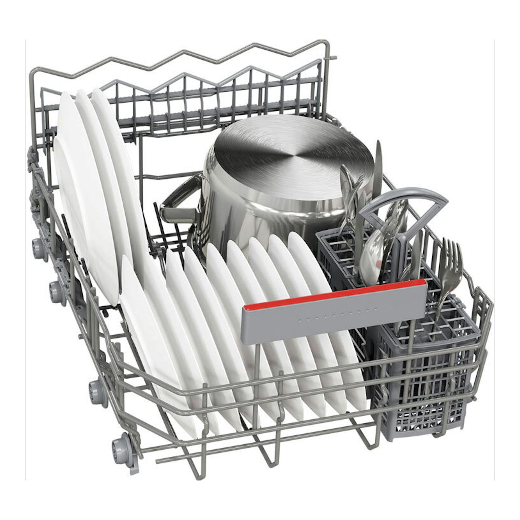 Bosch SPH4EKX17E: cesta gris de lavavajillas con platos blancos, olla y cubertero, vista en perspectiva.