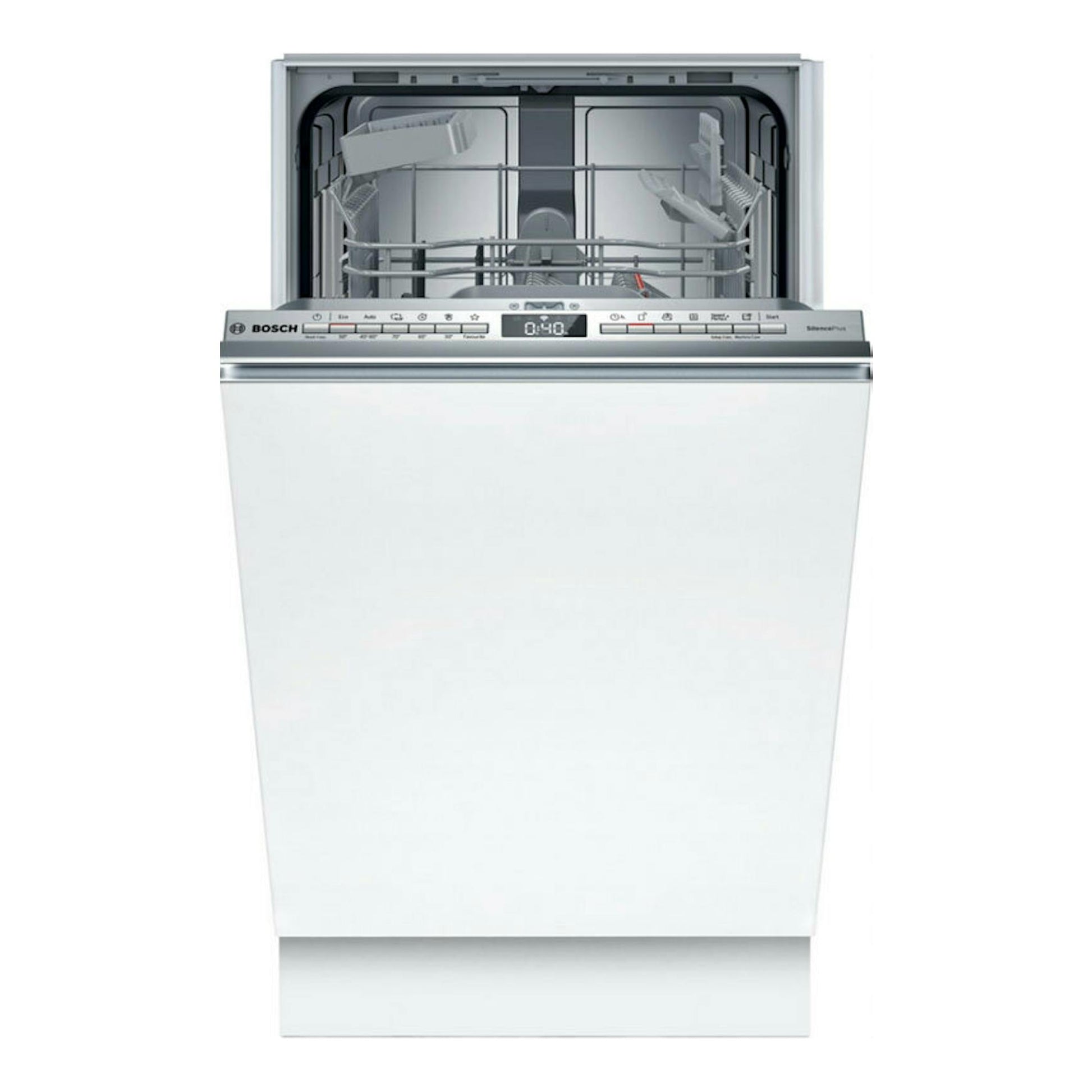 Lavavajillas integrable Bosch SPH4EKX24E, vista frontal, puerta blanca abierta y cestas interiores visibles.