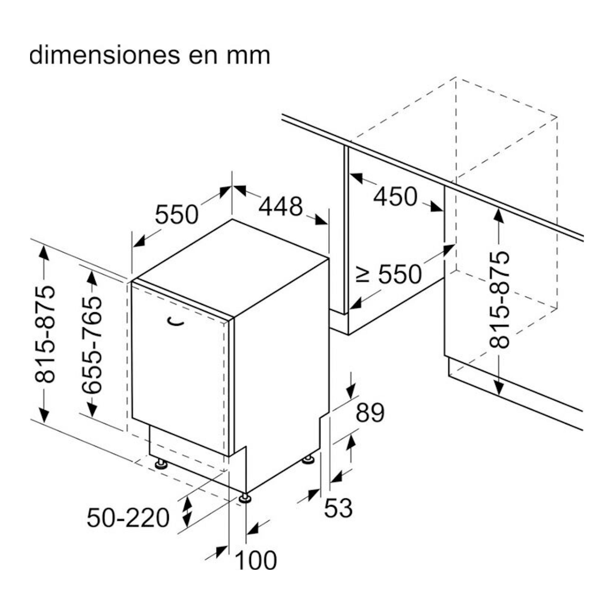 Bosch SPH4EKX24E: diagrama de dimensiones de lavavajillas integrable de 45 cm, vista en perspectiva, en mm.