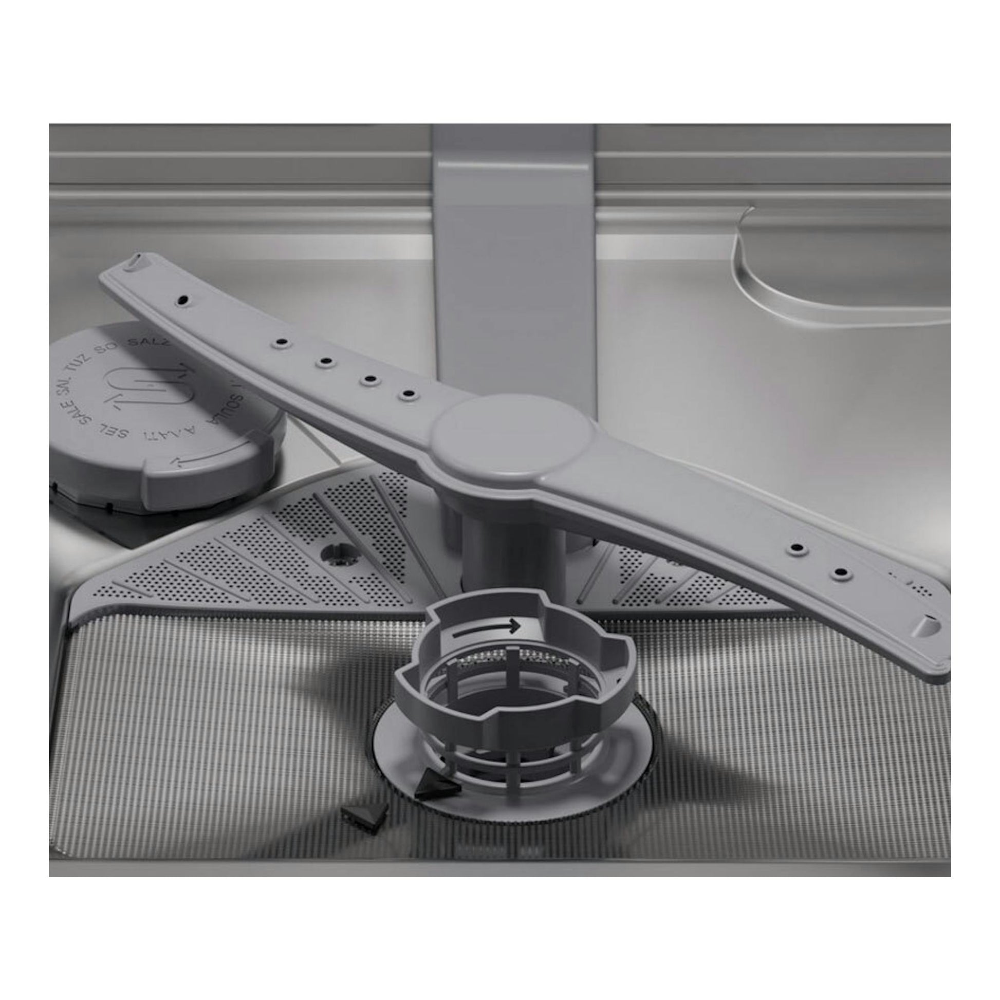 Lavavajillas integrable Bosch SPV2HKX02E, interior gris con brazo aspersor y filtro, vista frontal.
