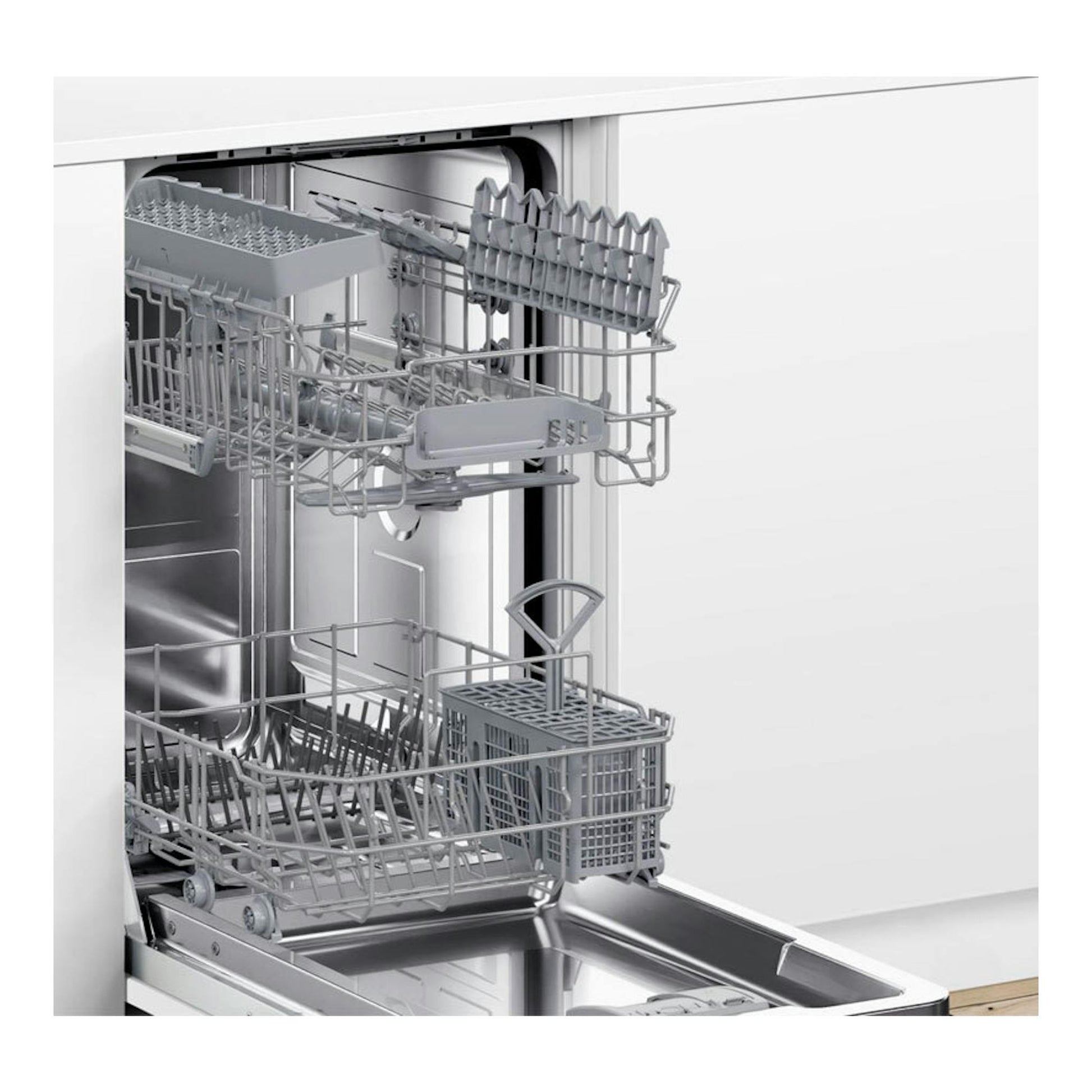 Lavavajillas integrable Bosch SPV2HKX02E de 45 cm, abierto, con cestas grises; vista frontal.