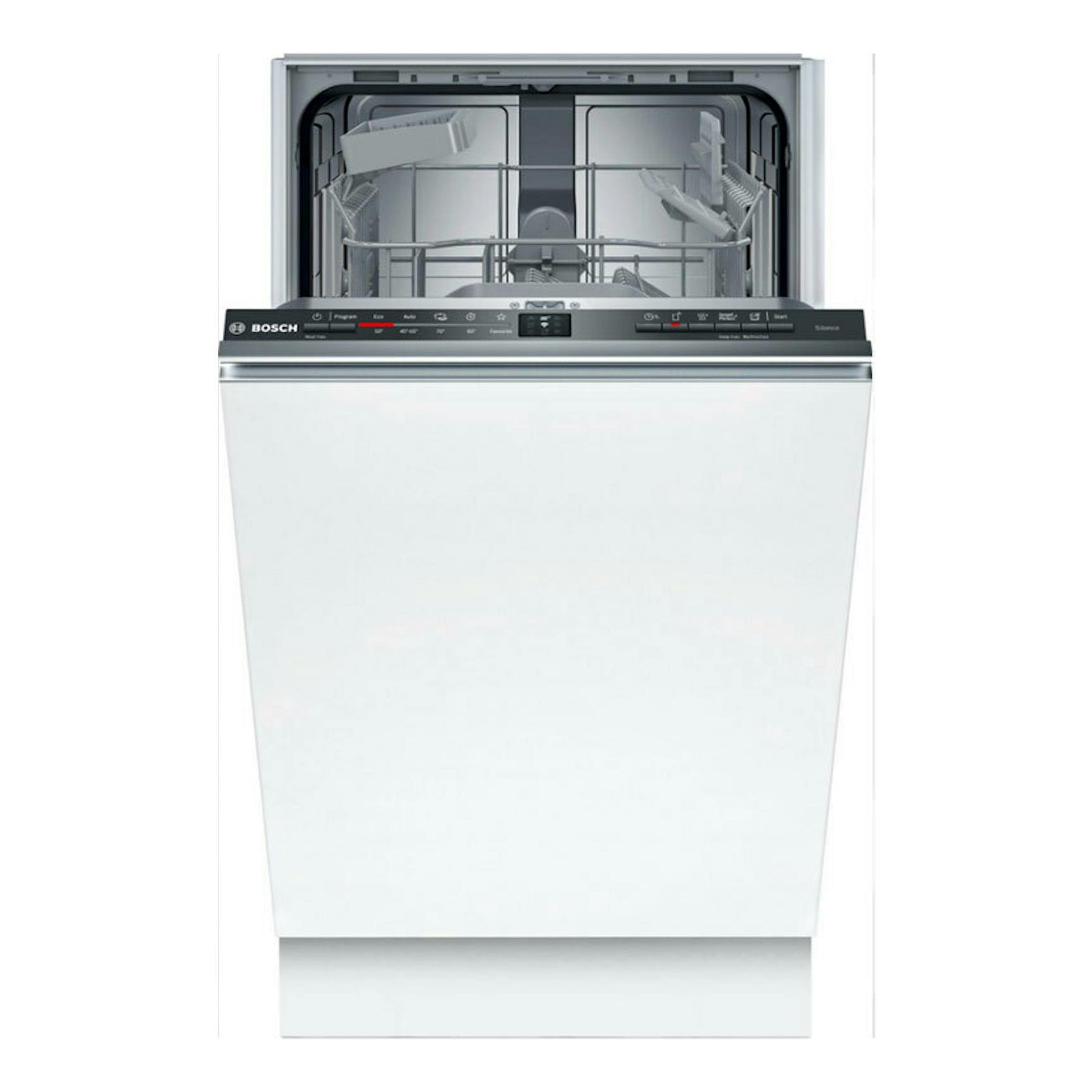 Lavavajillas integrable Bosch SPV2HKX42E blanco, vista frontal con puerta abierta.