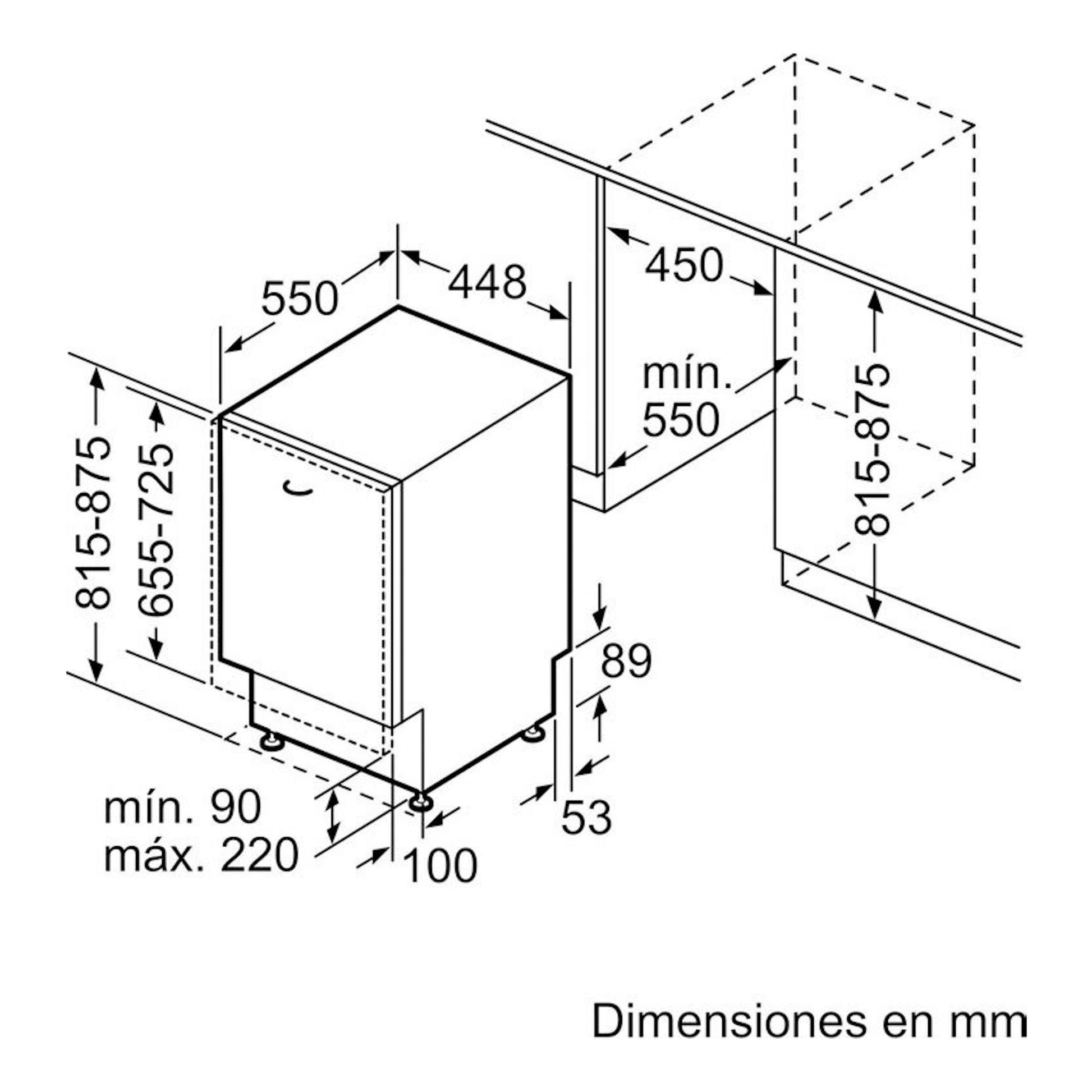Esquema técnico en blanco y negro, vista isométrica, de lavavajillas integrable Bosch SPV2HKX42E con medidas.