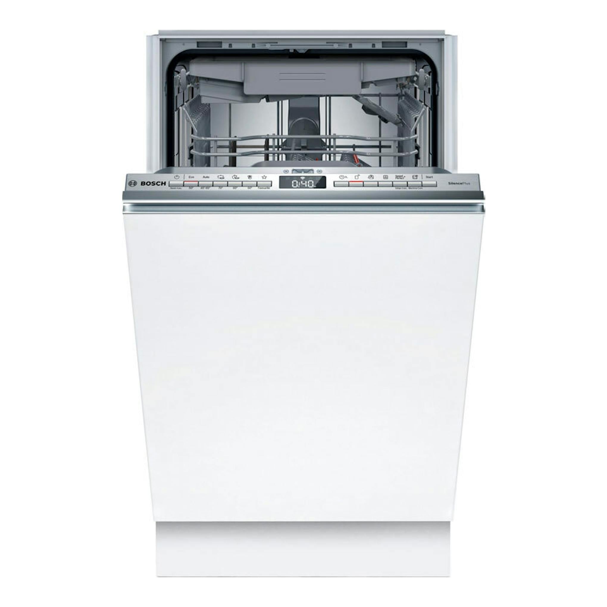Lavavajillas integrable Bosch SPV4EMX17E blanco, vista frontal con la puerta abierta.