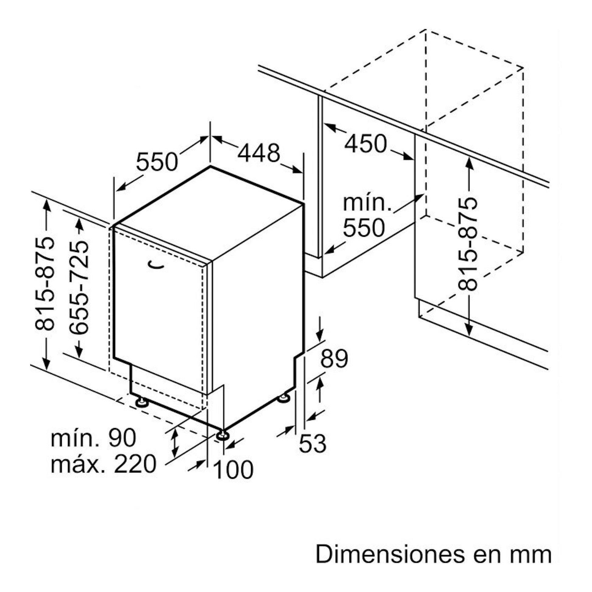 Bosch SPV4EMX17E: esquema técnico de lavavajillas integrable blanco, vista isométrica, con medidas en mm.