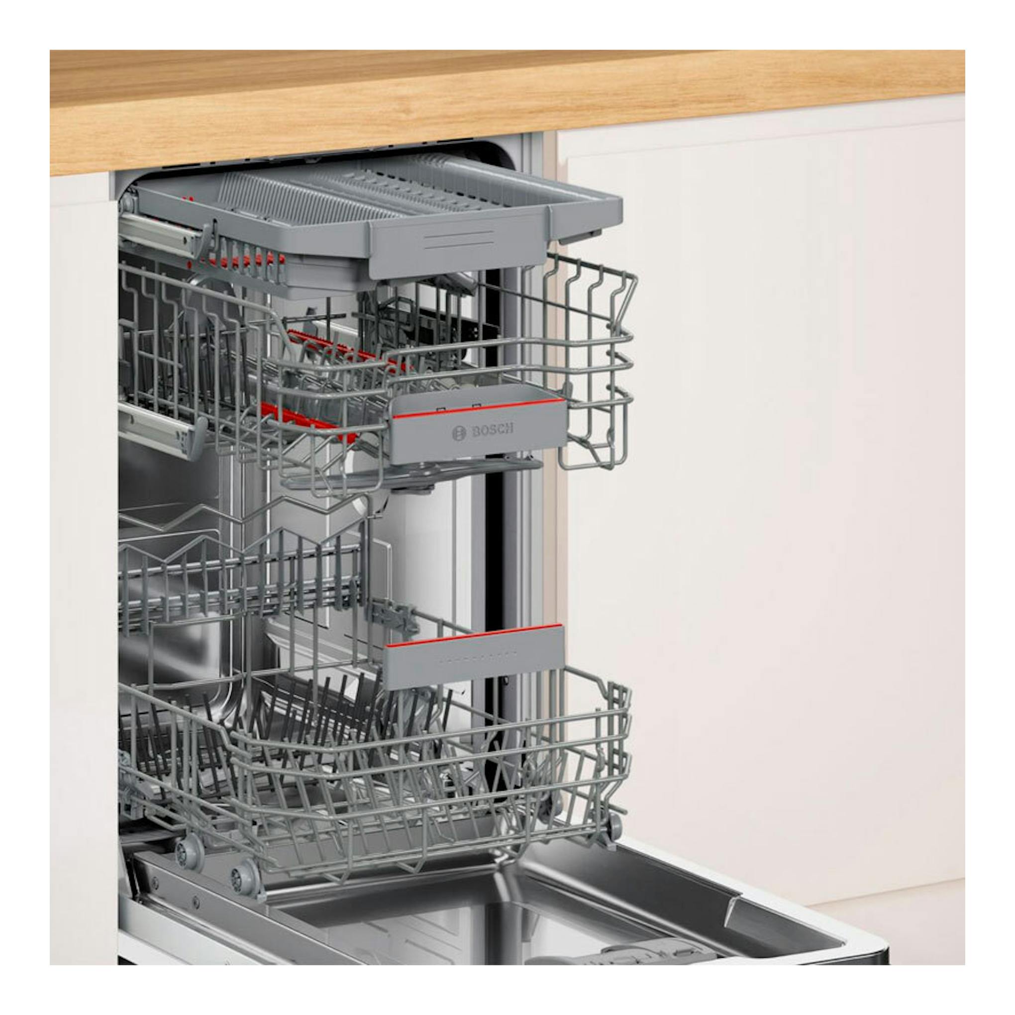 Lavavajillas integrable Bosch SPV4EMX17E de 45 cm, abierto, con cestas grises y vista frontal.