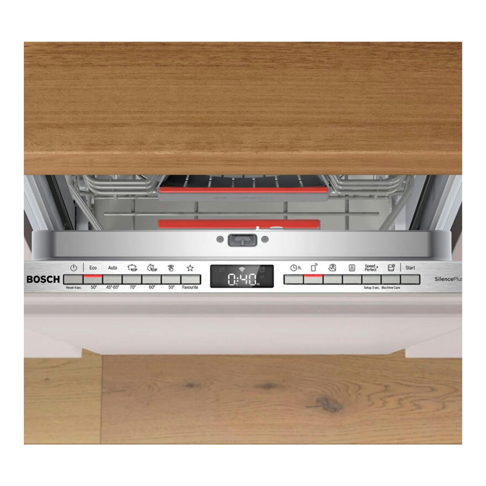 Lavavajillas integrable Bosch SPV4EMX17E, vista frontal abierta, panel de control y cesta interior.