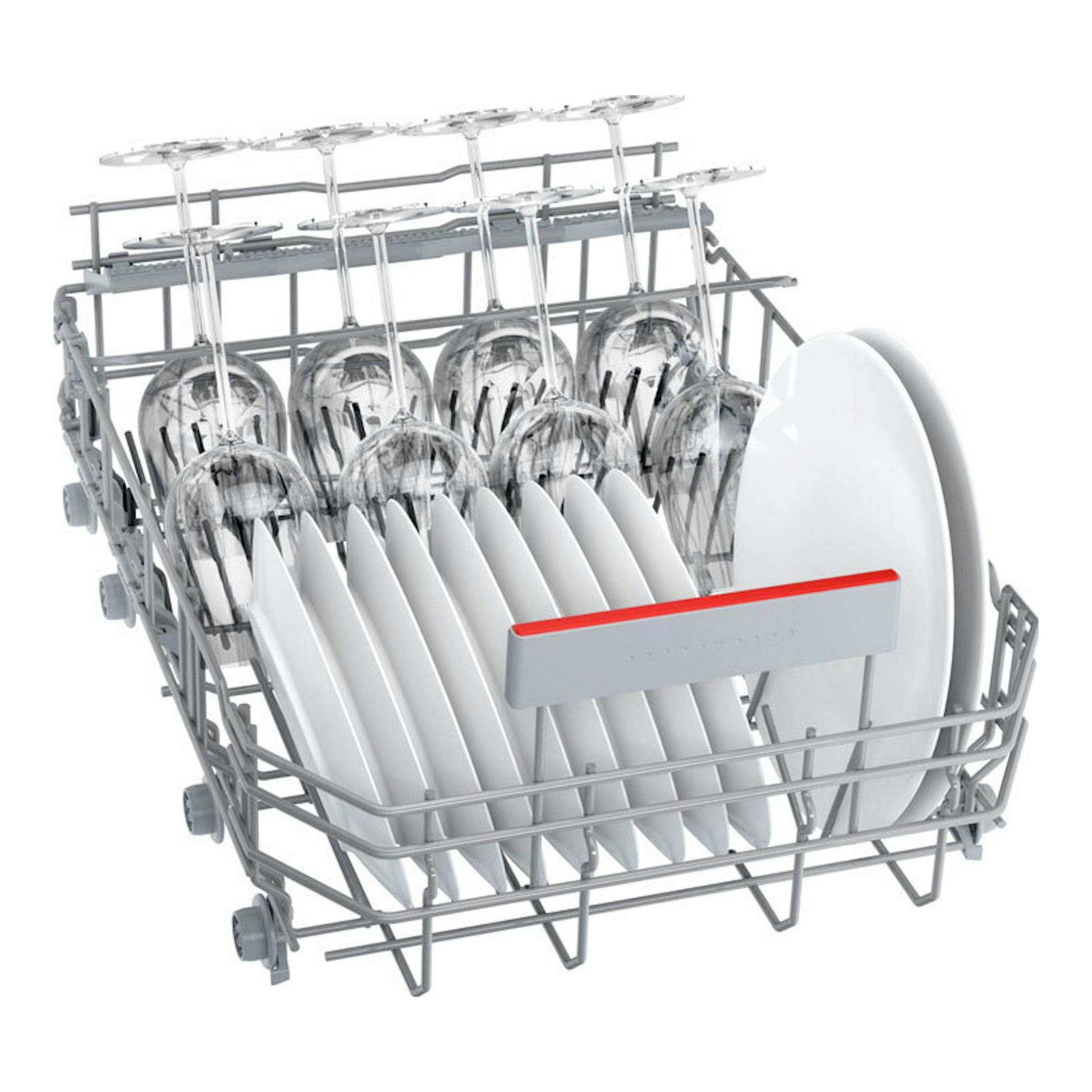 Bosch SPV4EMX17E 45 cm: cesta de lavavajillas integrable con platos y copas, vista frontal.
