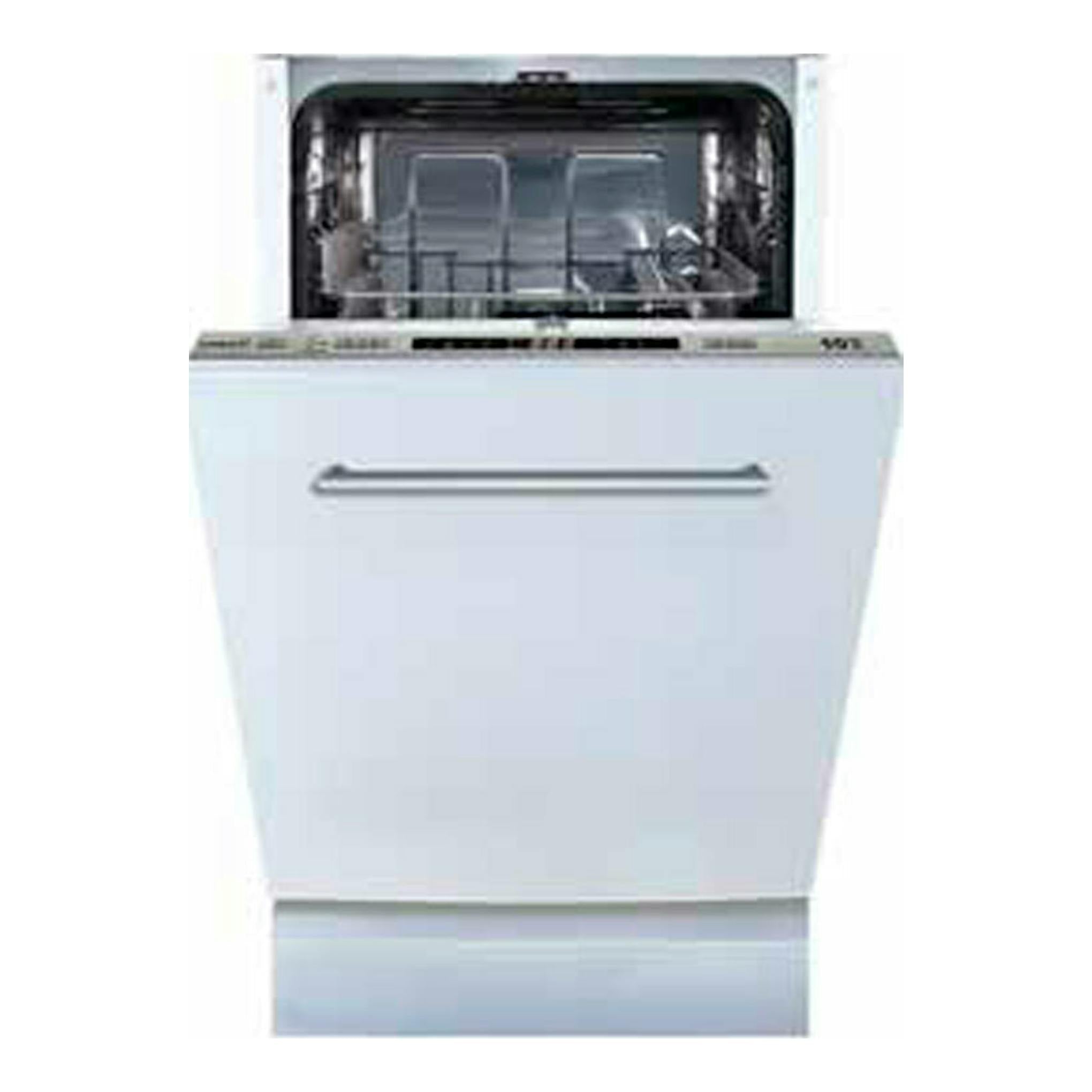 Lavavajillas integrable Cata LVI 47010 blanco, vista frontal con la puerta abierta.