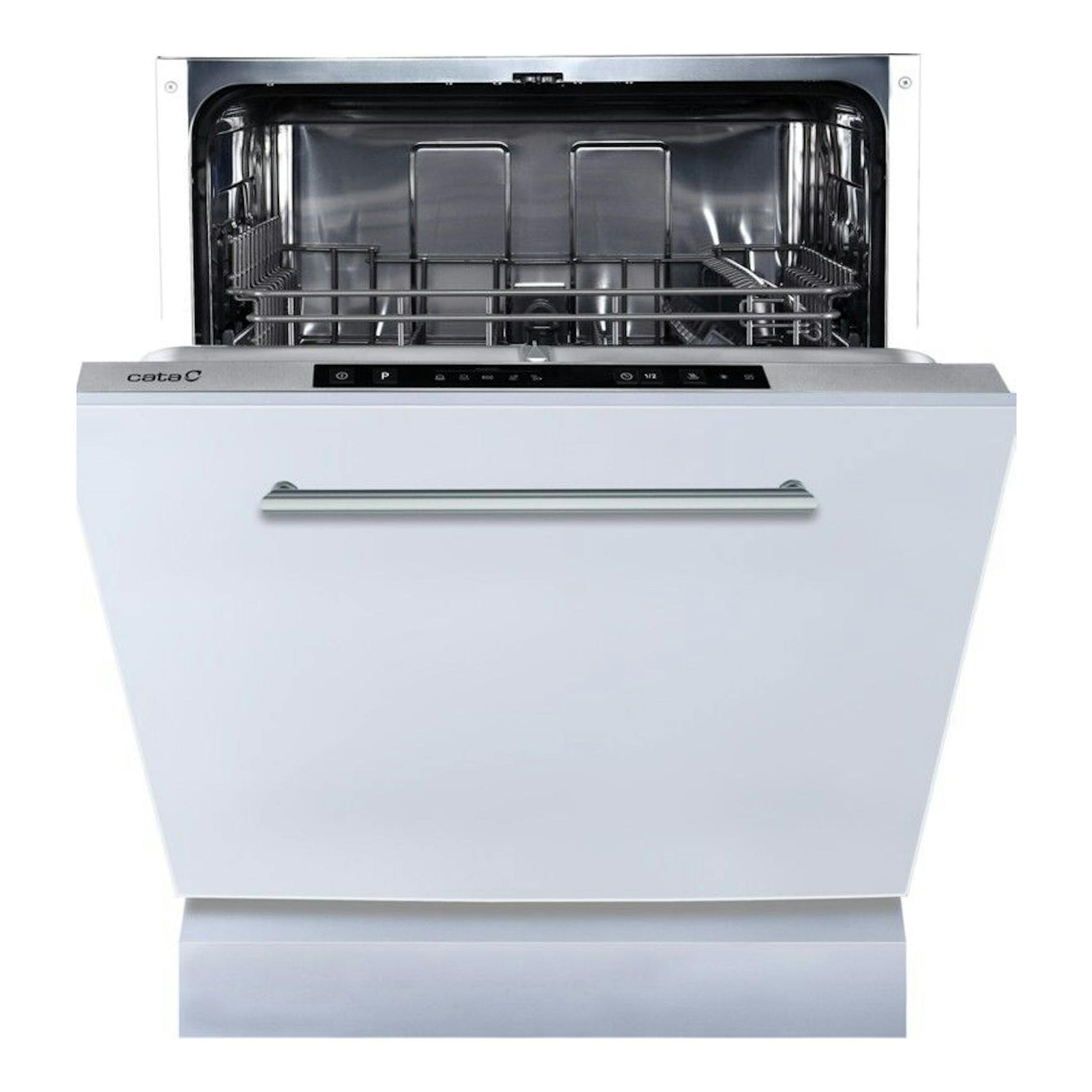 Lavavajillas integrable Cata LVI61013, vista frontal, puerta abierta, panel blanco e interior inox.