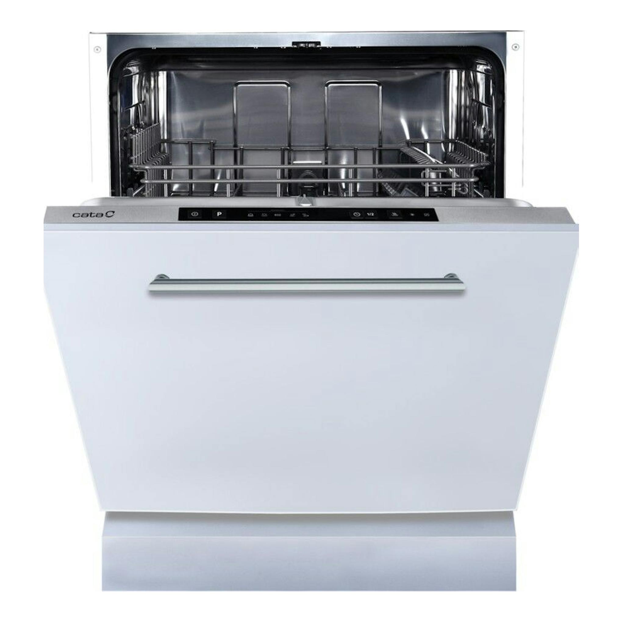 Lavavajillas integrable Cata LVI61013, vista frontal, puerta abierta, panel blanco e interior inox.