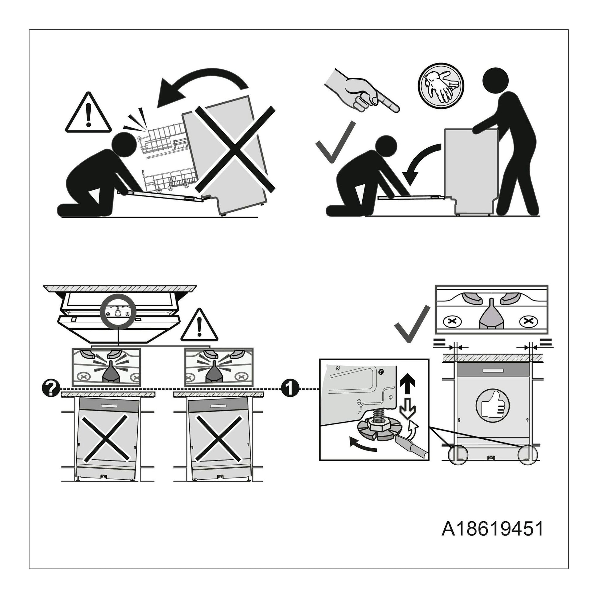 Diagrama de instalación de lavavajillas integrable Electrolux EEA27205L, con esquemas y advertencias.